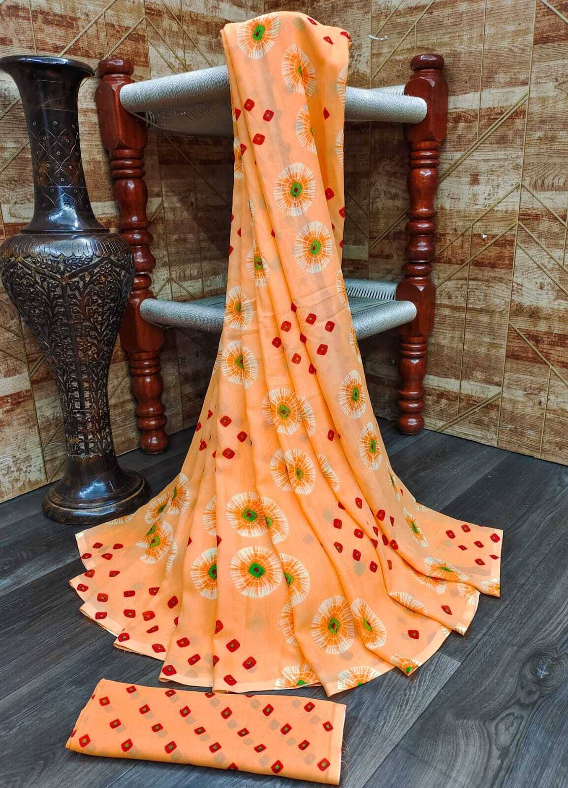 Kanooda Prints Georgette Printed Saree With Unstitched Blouse Piece ( Orange ) Kanooda Prints Georgette Printed Saree With Unstitched Blouse Piece ( Orange )