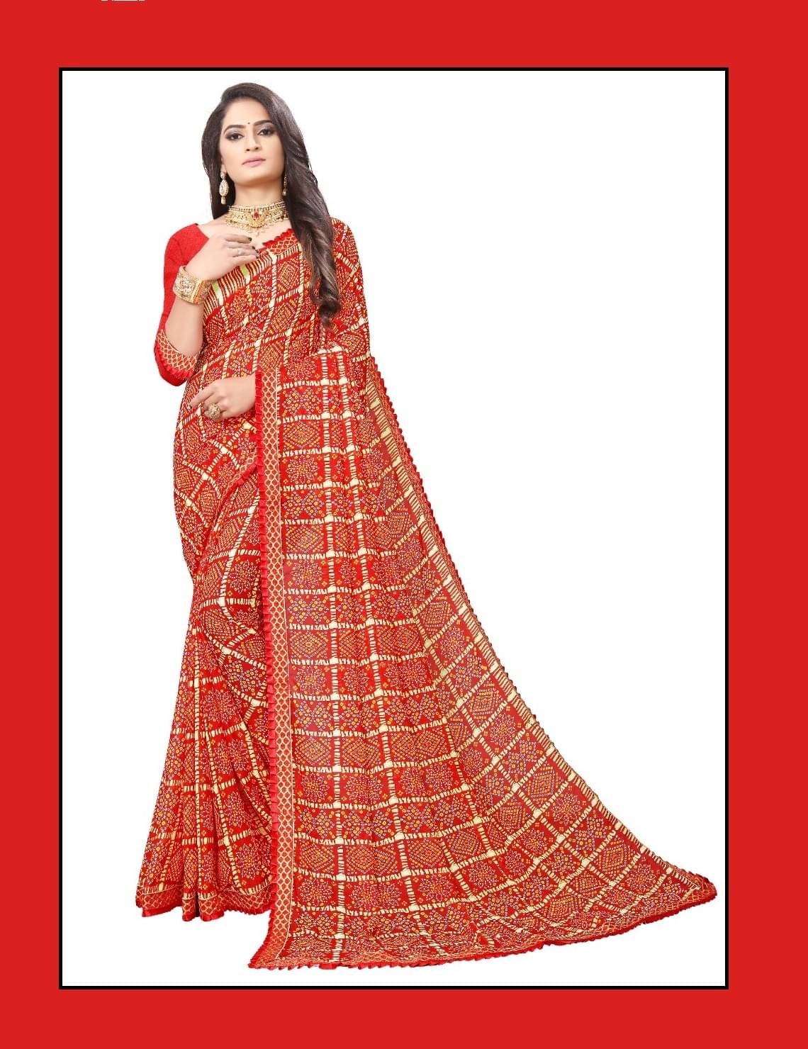     			Kanooda Prints Georgette Printed Saree With Unstitched Blouse Piece ( Red )