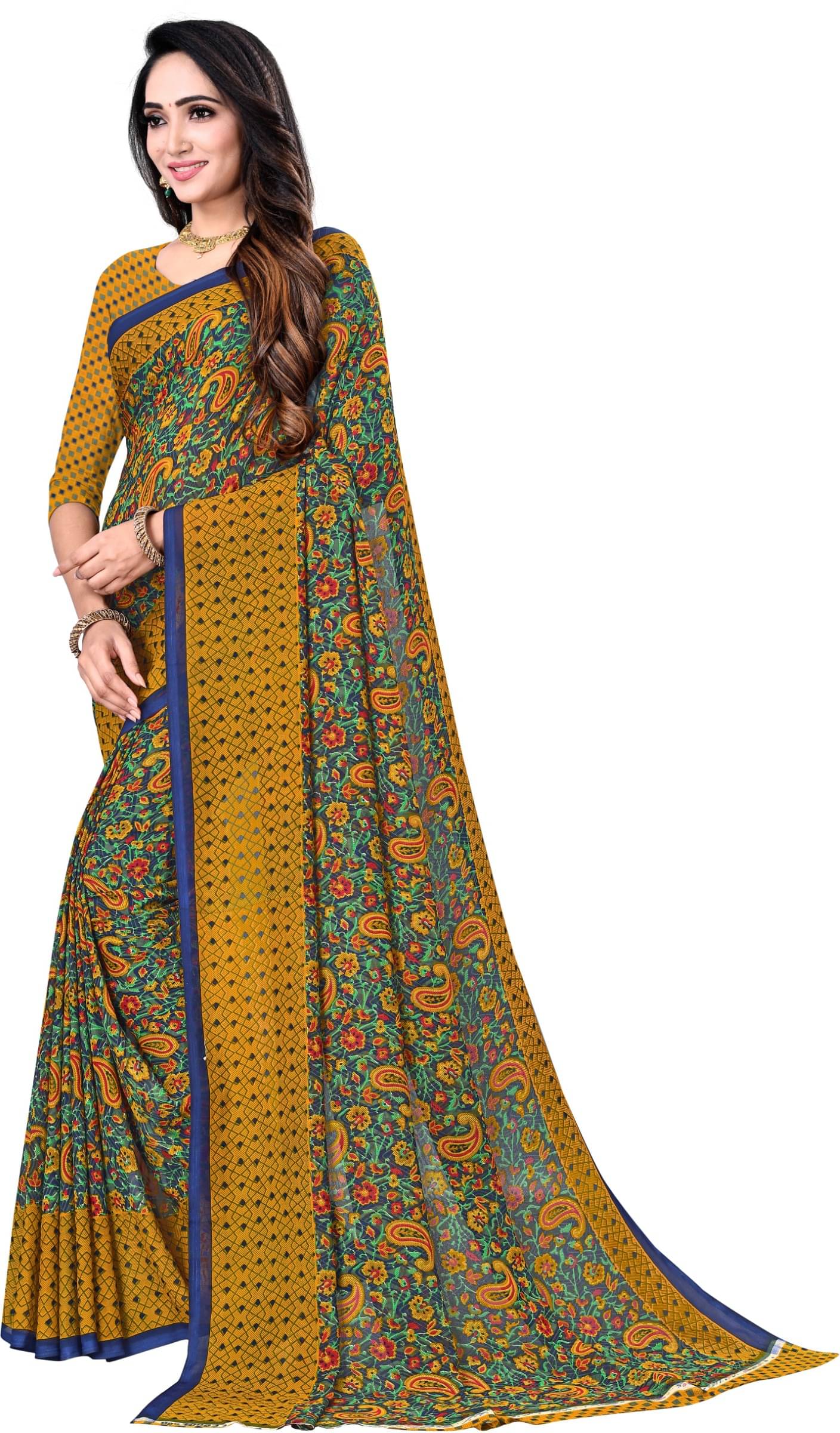 Kanooda Prints Georgette Printed Saree With Unstitched Blouse Piece ( Brown )     			Kanooda Prints Georgette Printed Saree With Unstitched Blouse Piece ( Brown )