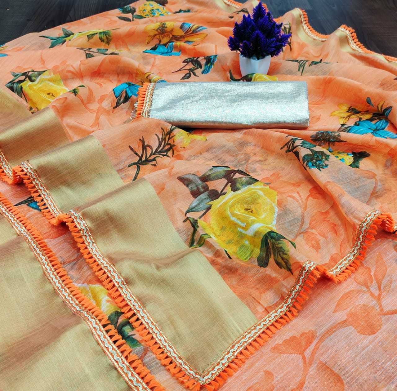 Kanooda Prints Linen Printed Saree With Unstitched Blouse Piece ( Multicolor ) - Sarees | Buy online on ZillyBuy