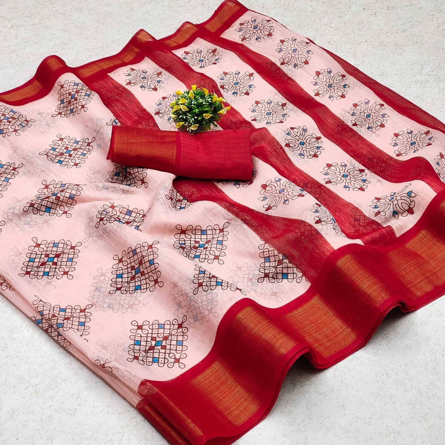     			Kanooda Prints Linen Printed Saree With Unstitched Blouse Piece ( Multicolor )