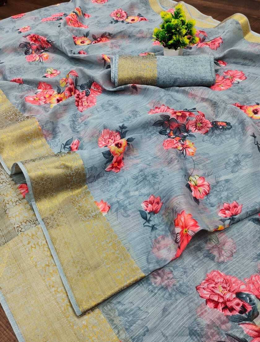 Kanooda Prints Linen Printed Saree With Unstitched Blouse Piece ( Grey ) - Sarees | Buy online on ZillyBuy