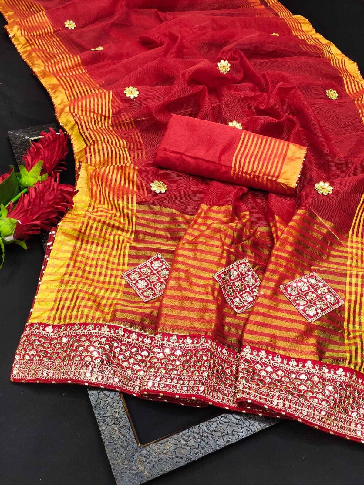 Kanooda Prints Net Embroidered Saree With Unstitched Blouse Piece ( Red ) Kanooda Prints Net Embroidered Saree With Unstitched Blouse Piece ( Red )