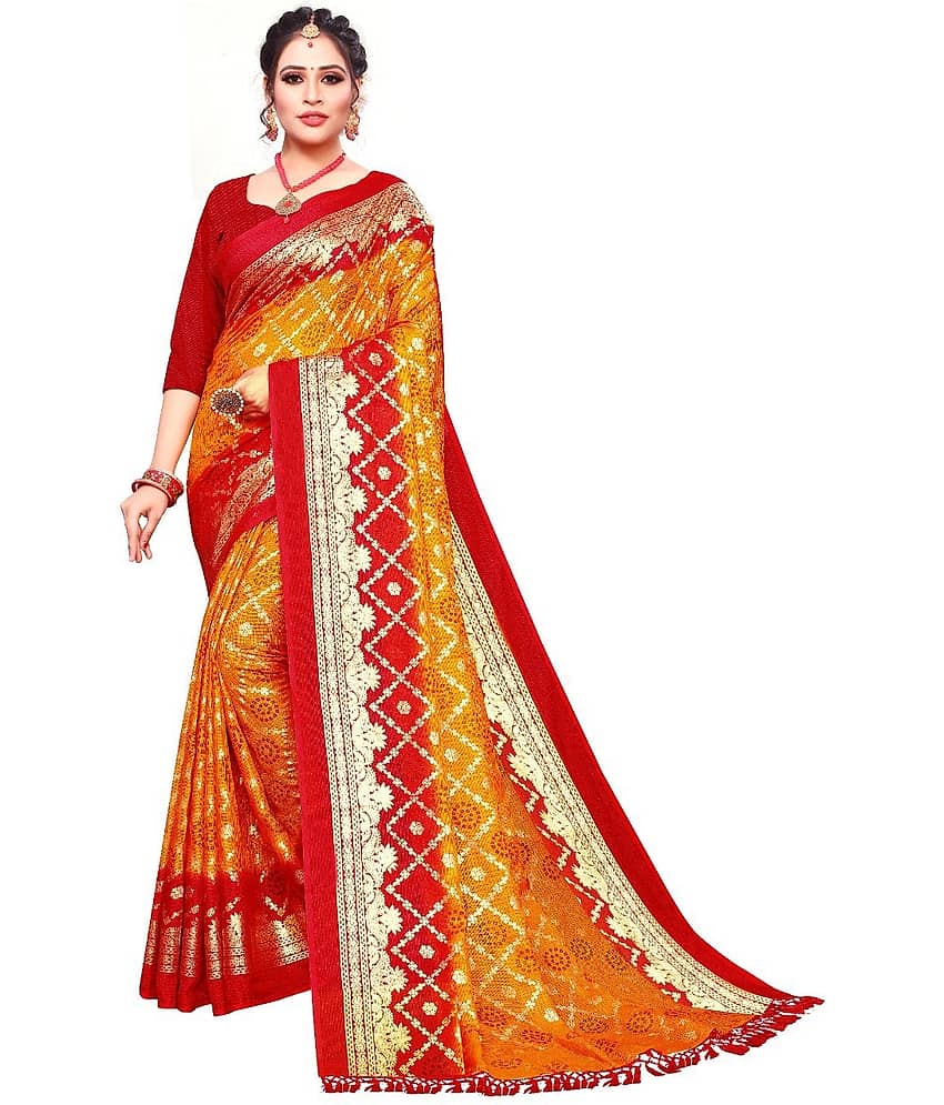 Kanooda Prints Net Printed Saree With Unstitched Blouse Piece ( Orange ) - Sarees | Buy online on ZillyBuy