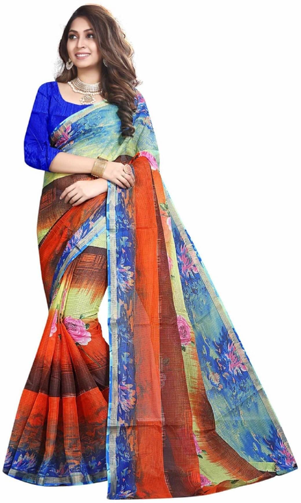     			Kanooda Prints Net Printed Saree With Unstitched Blouse Piece ( Multicolor )