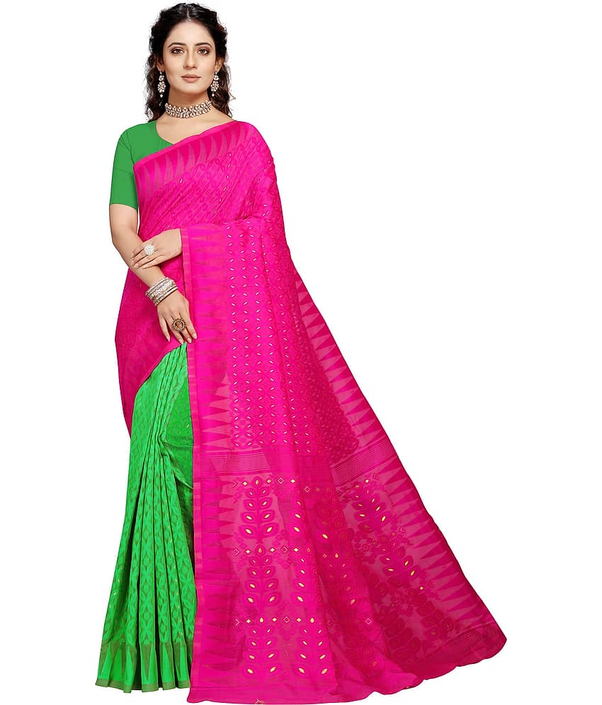 Kanooda Prints Net Self Design Saree With Unstitched Blouse Piece ( Pink ) - Sarees | Buy online on ZillyBuy