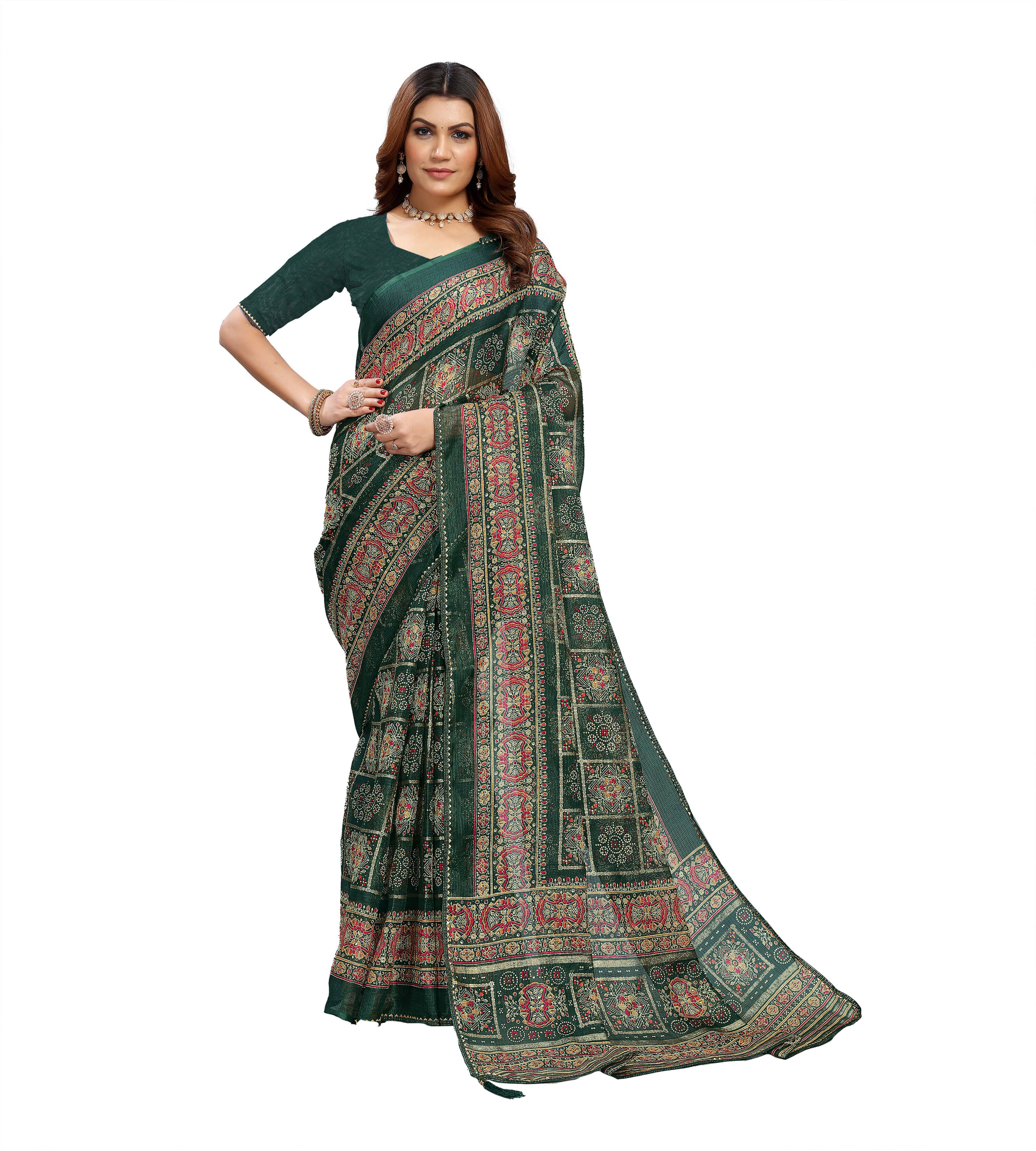     			Kanooda Prints Net Woven Saree With Unstitched Blouse Piece ( Multicolor )
