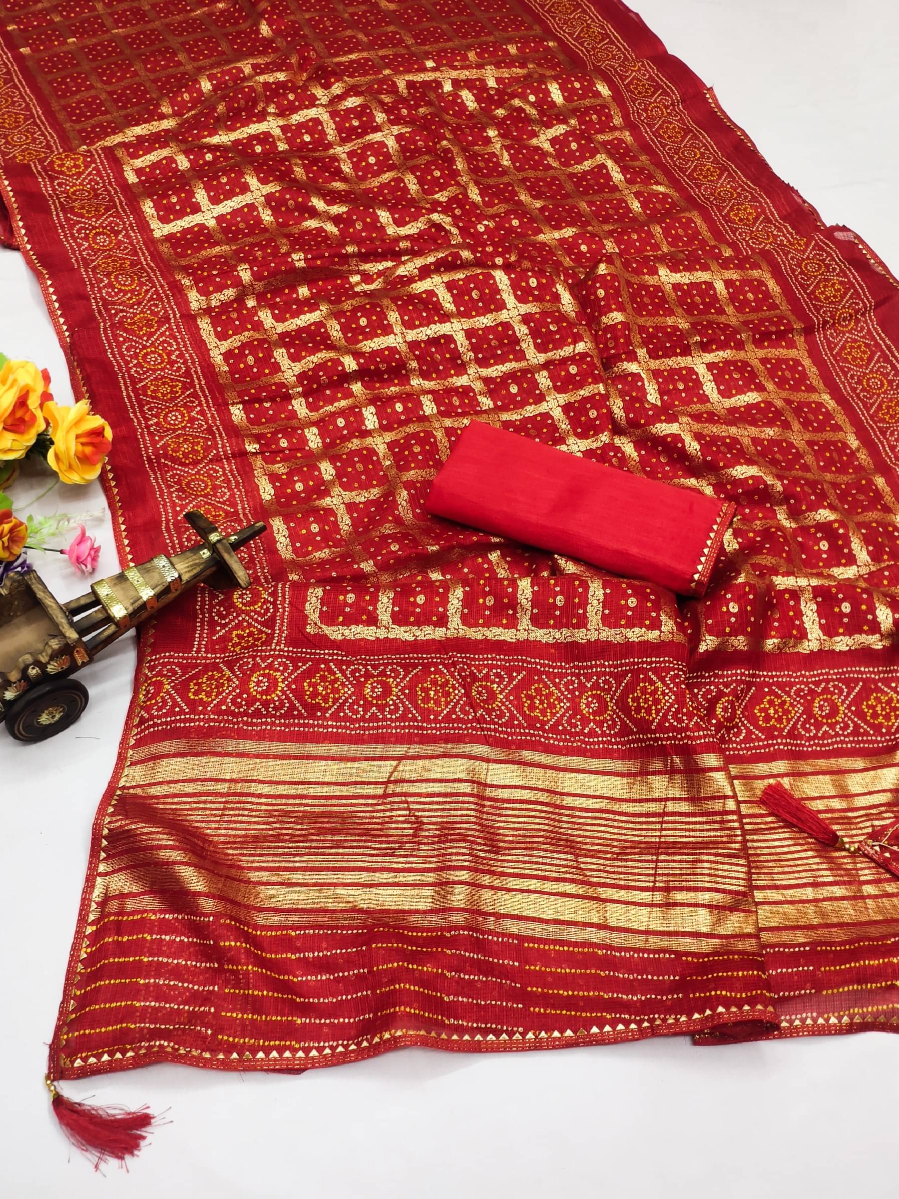 Kanooda Prints Net Woven Saree With Unstitched Blouse Piece ( Red ) Kanooda Prints Net Woven Saree With Unstitched Blouse Piece ( Red )
