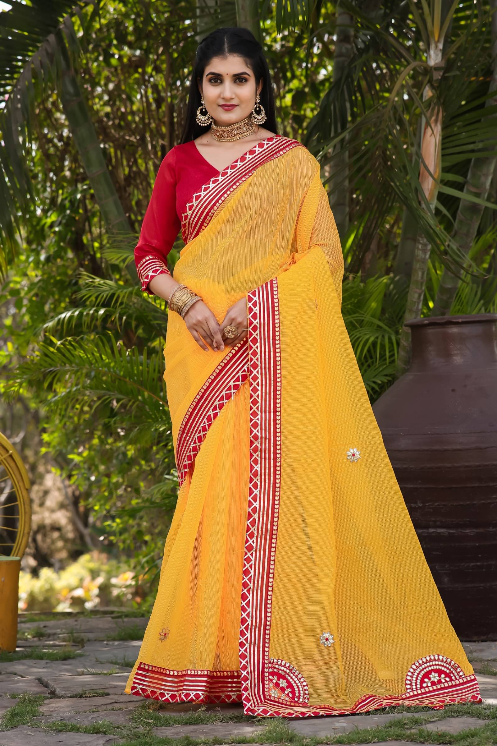     			Kanooda Prints Net Woven Saree With Unstitched Blouse Piece ( Yellow )
