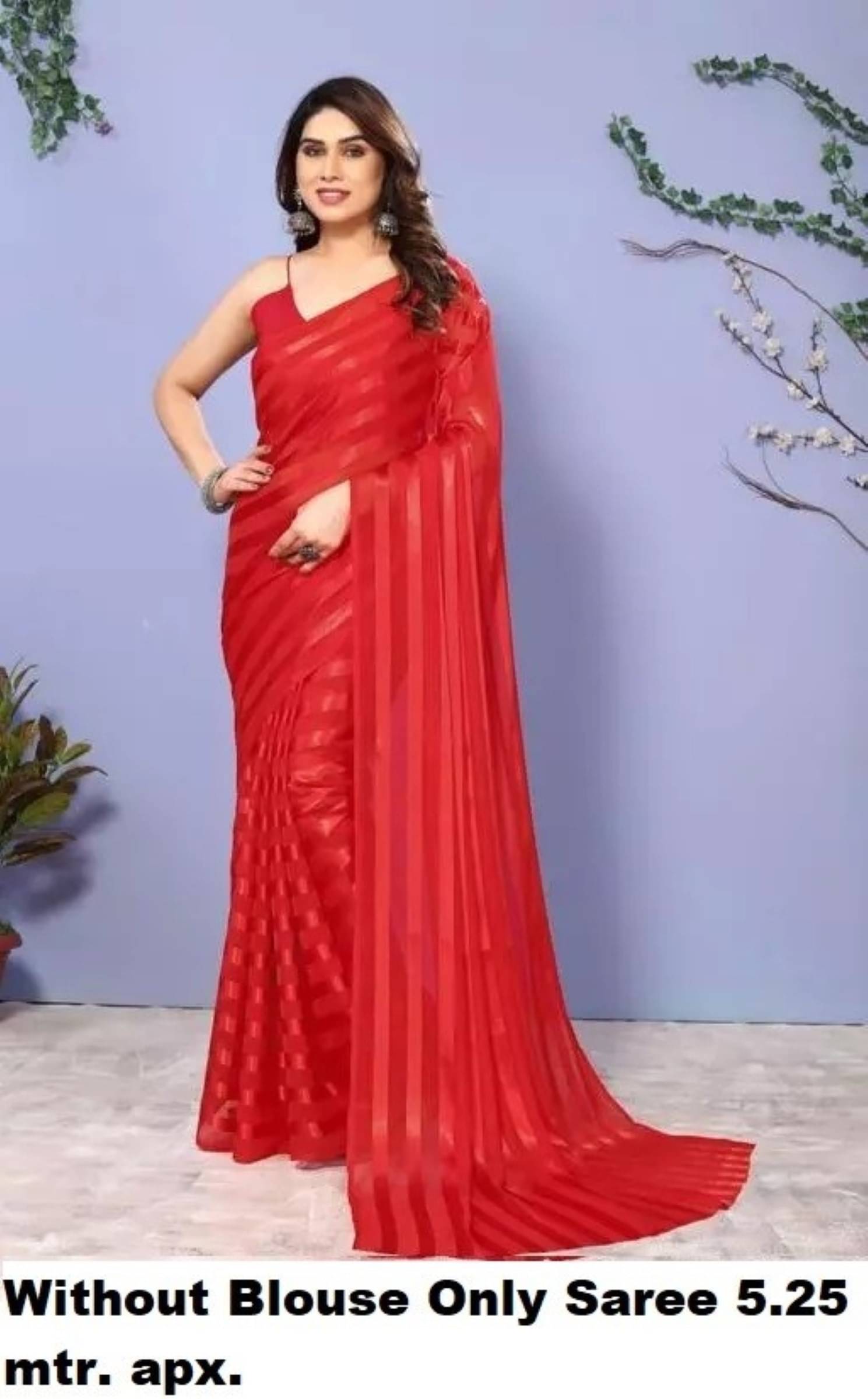     			Kanooda Prints Satin Striped Saree With Unstitched Blouse Piece ( Red )