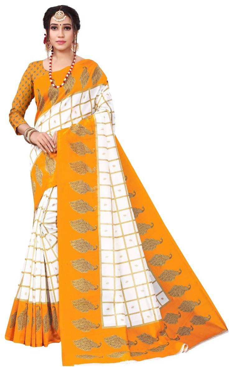     			Kanooda Prints Silk Blend Printed Saree With Unstitched Blouse Piece ( Yellow )