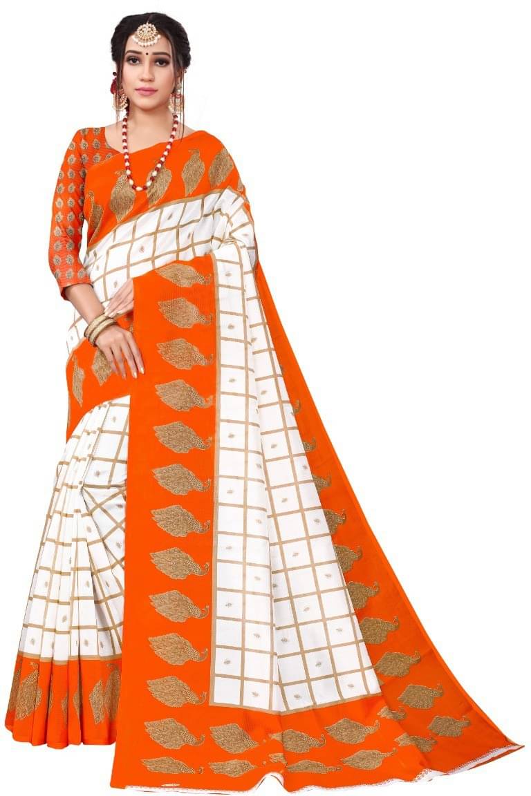 Kanooda Prints Silk Blend Printed Saree With Unstitched Blouse Piece ( Orange )     			Kanooda Prints Silk Blend Printed Saree With Unstitched Blouse Piece ( Orange )