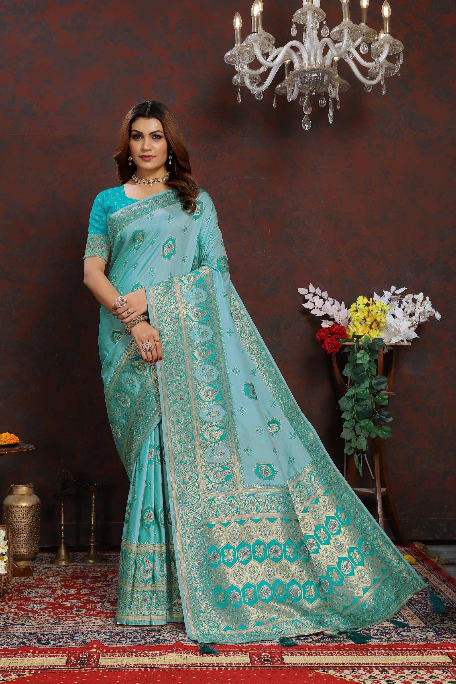     			Kanooda Prints Silk Blend Woven Saree With Unstitched Blouse Piece ( Multicolor )