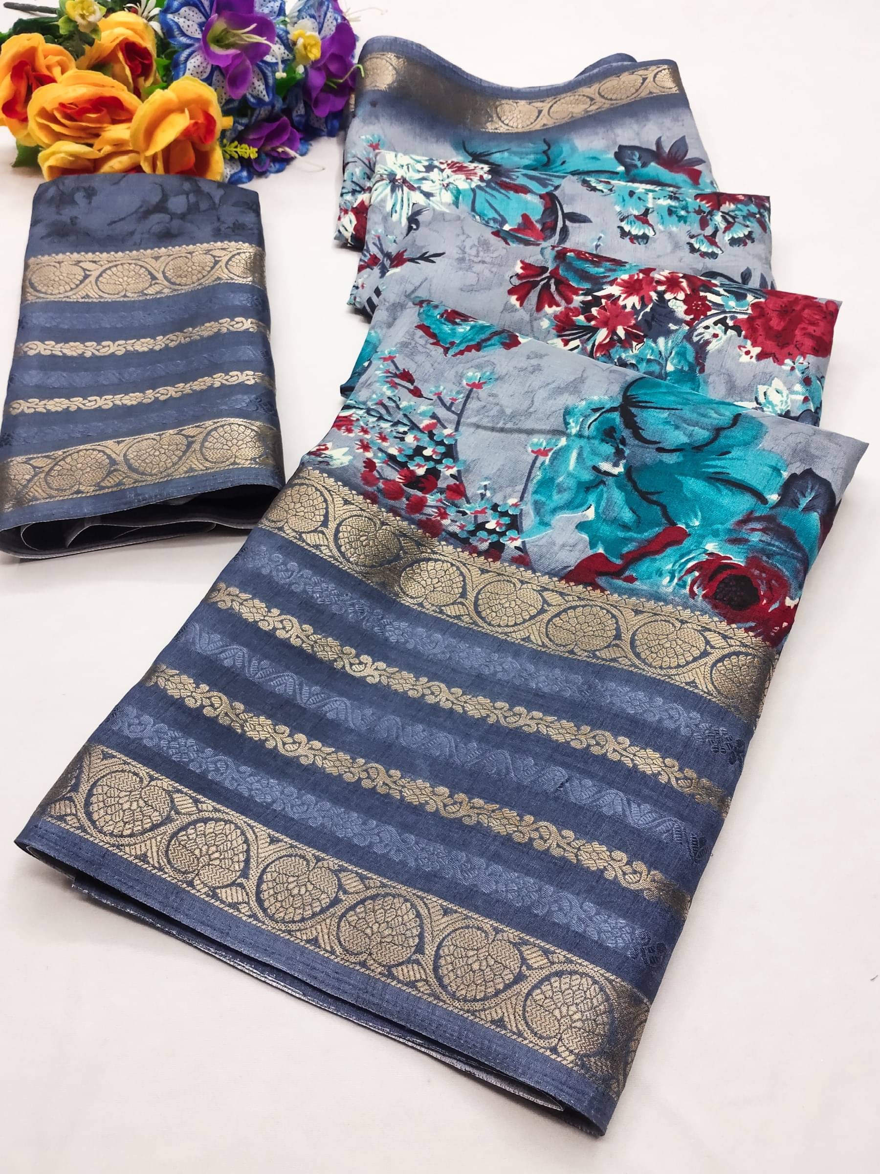     			Kanooda Prints Silk Printed Saree With Unstitched Blouse Piece ( Grey )