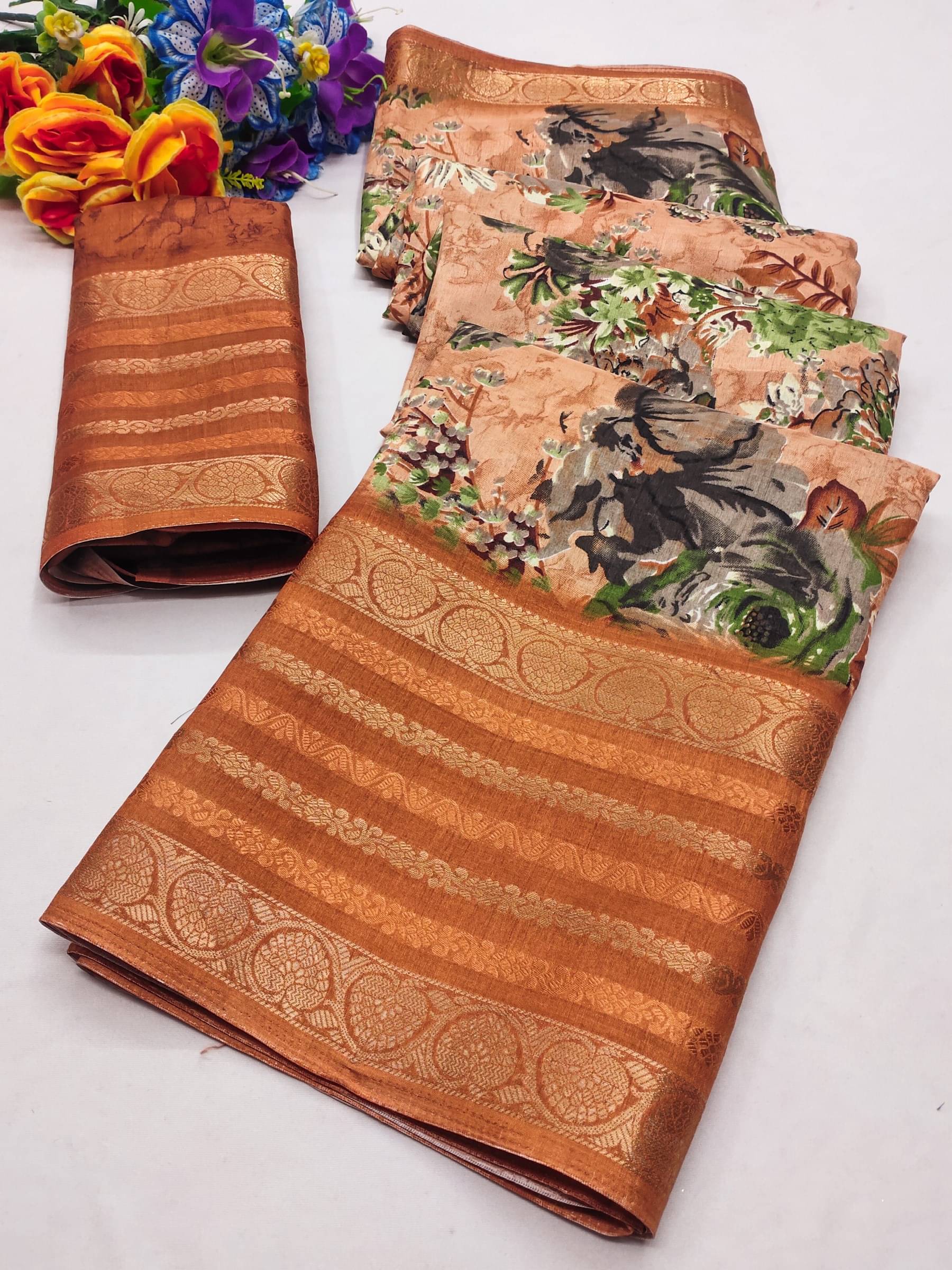     			Kanooda Prints Silk Printed Saree With Unstitched Blouse Piece ( Orange )