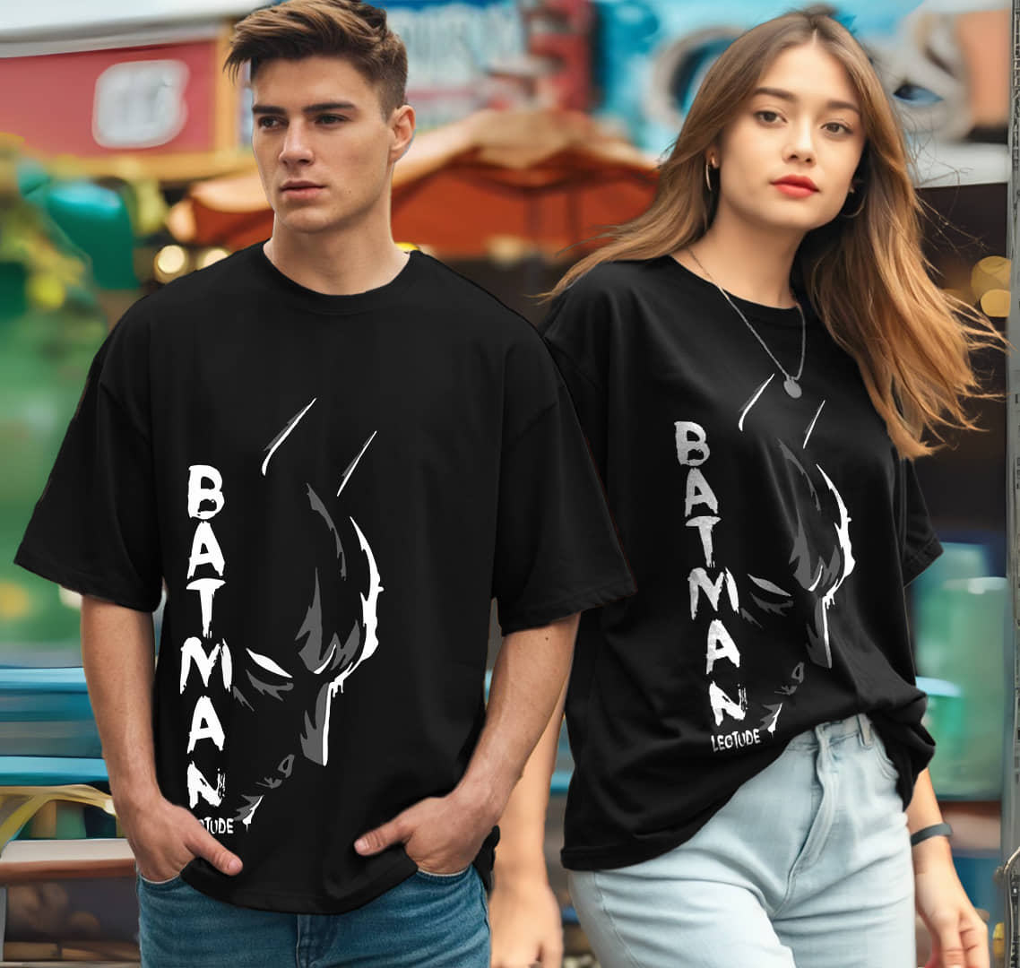 Leotude Black Blended Oversized Fit Couple T-Shirt