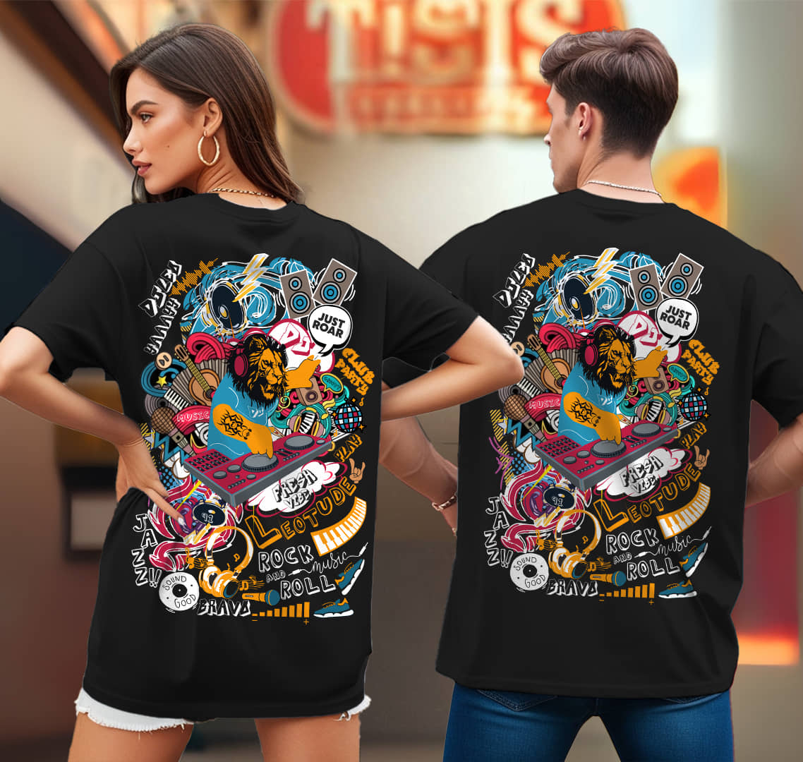 Leotude Black Blended Oversized Fit Couple T-Shirt