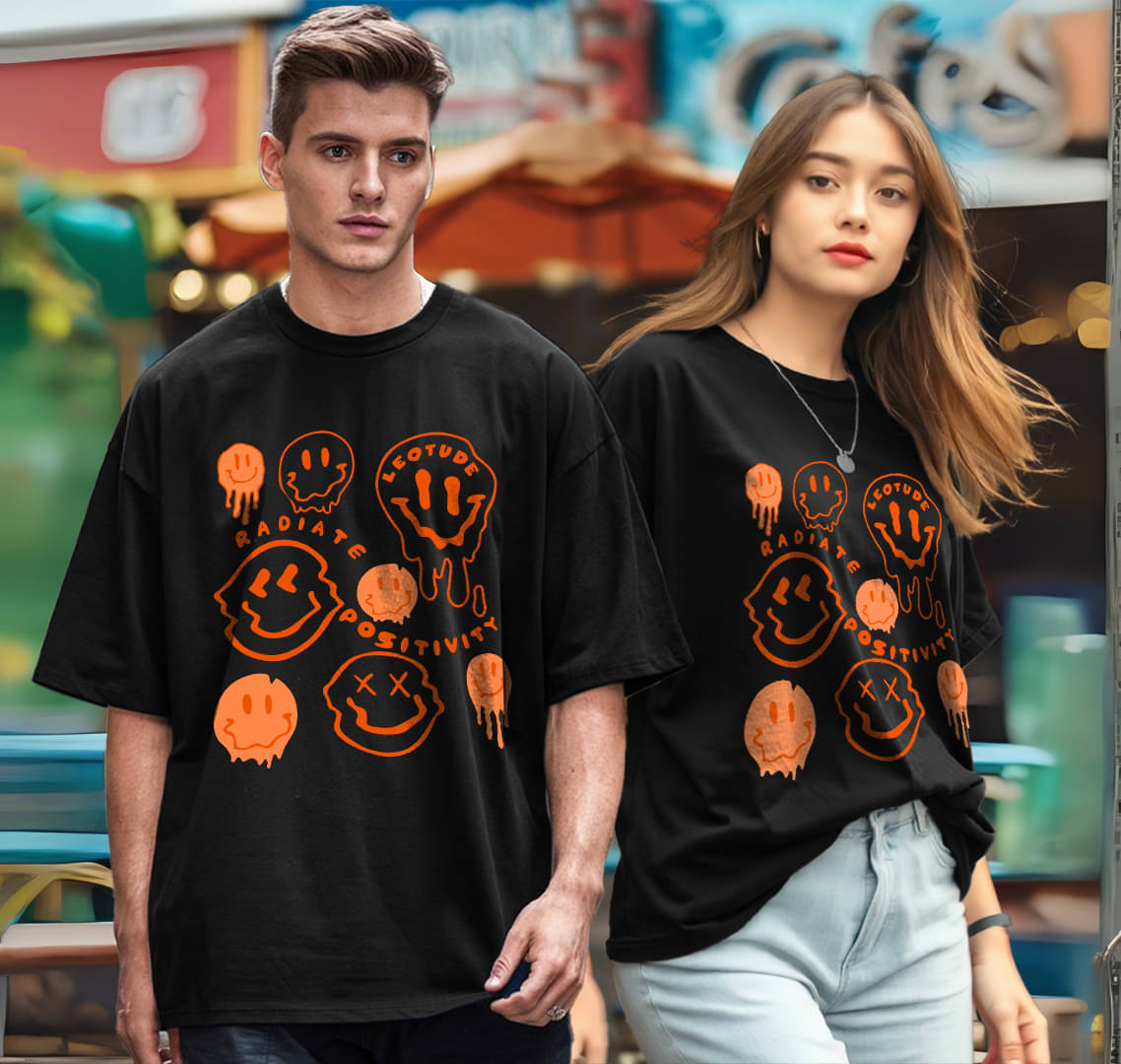     			Leotude Black Blended Oversized Fit Couple T-Shirt