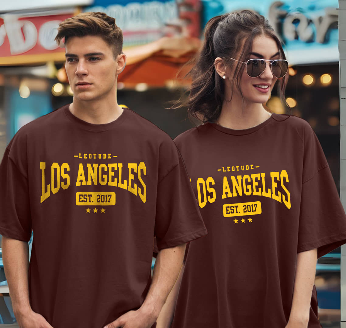 Leotude Brown Blended Oversized Fit Couple T-Shirt