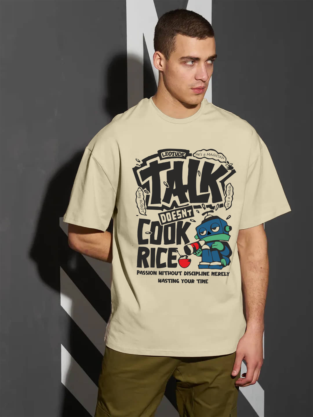 Leotude Men Cotton Blend Oversized Fit Printed T-Shirt ( Beige )