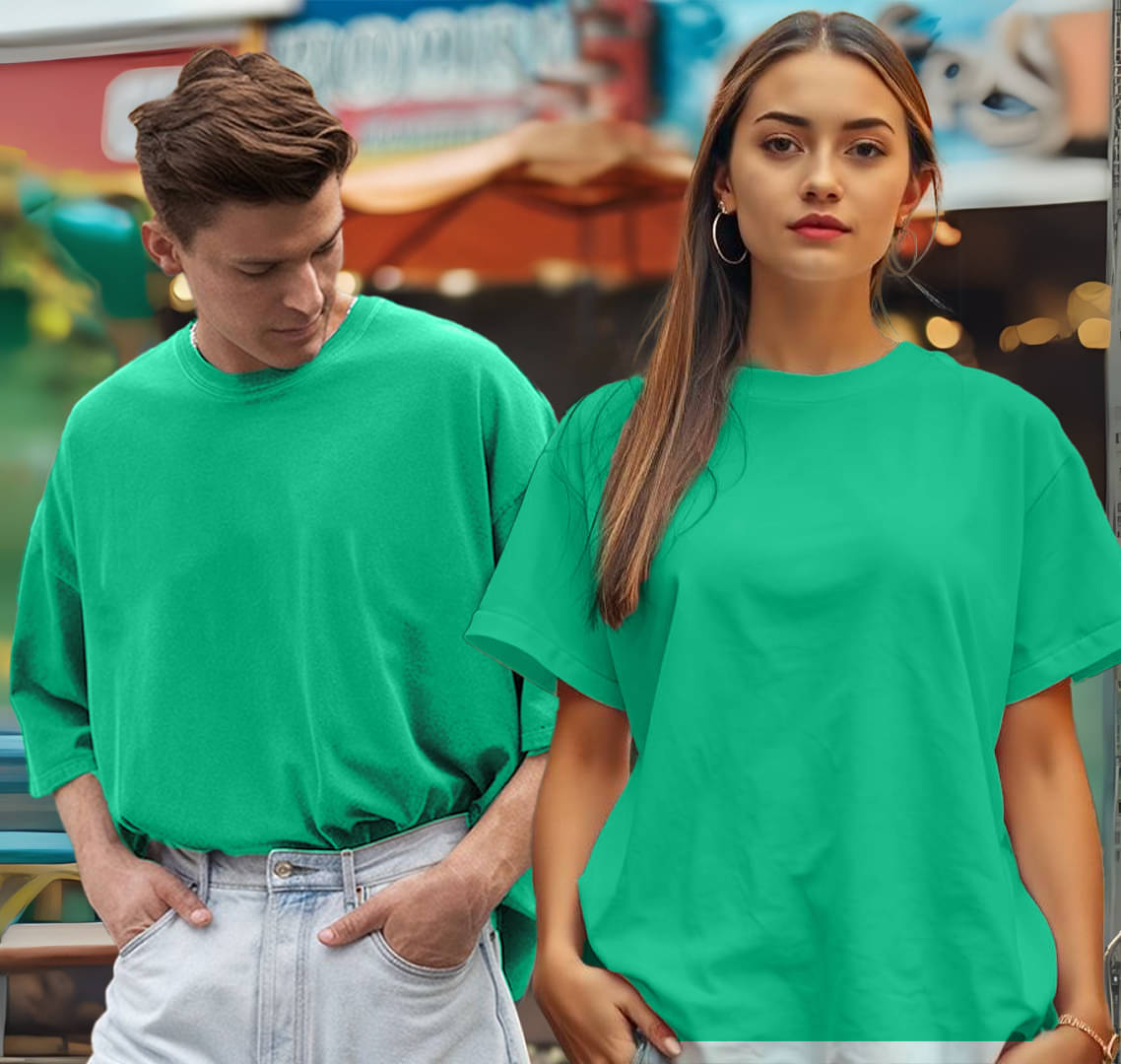 Leotude Green Blended Oversized Fit Couple T-Shirt     			Leotude Green Blended Oversized Fit Couple T-Shirt