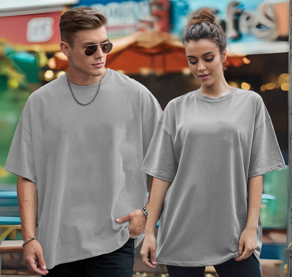     			Leotude Grey Blended Oversized Fit Couple T-Shirt