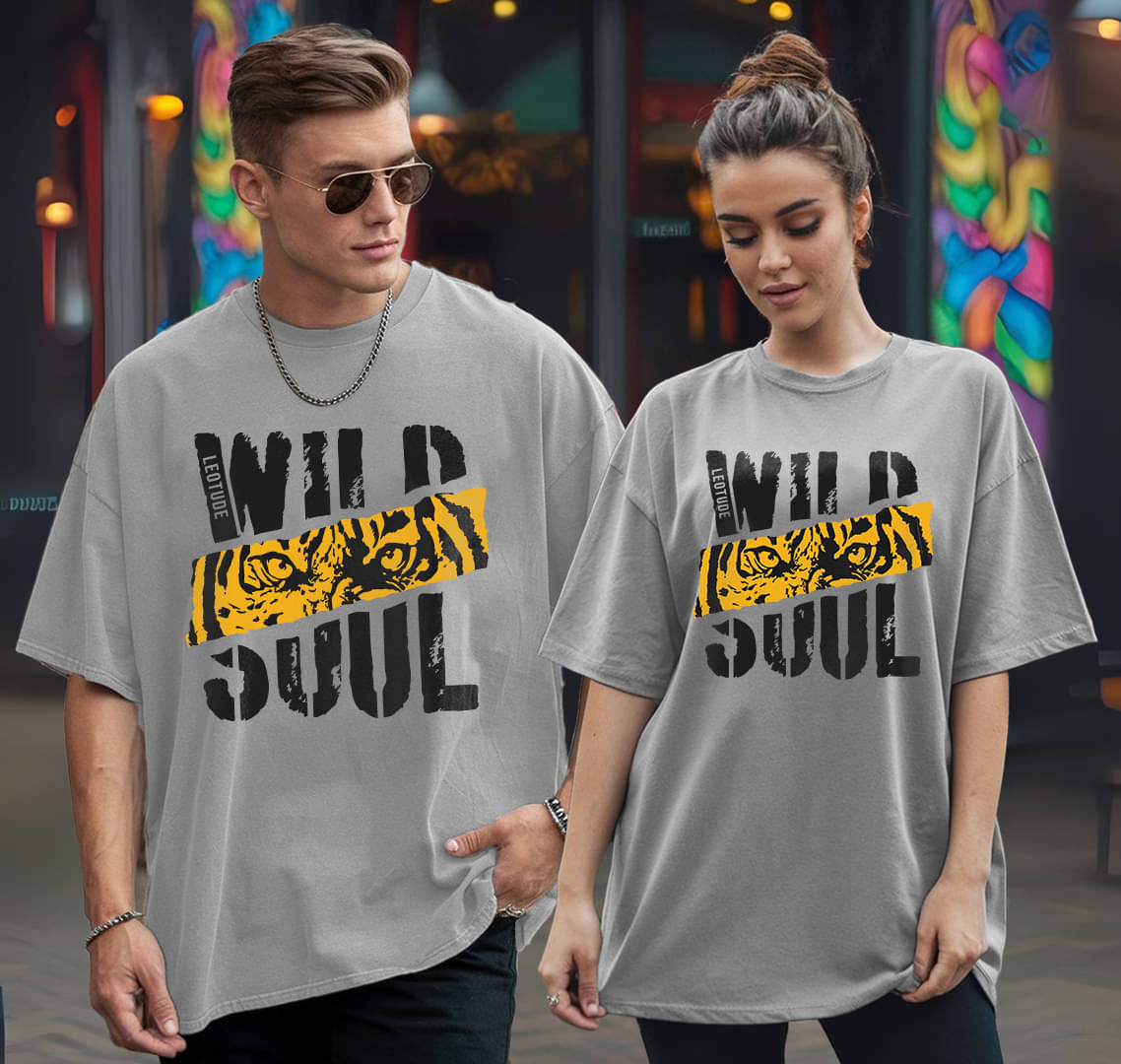     			Leotude Grey Blended Oversized Fit Couple T-Shirt