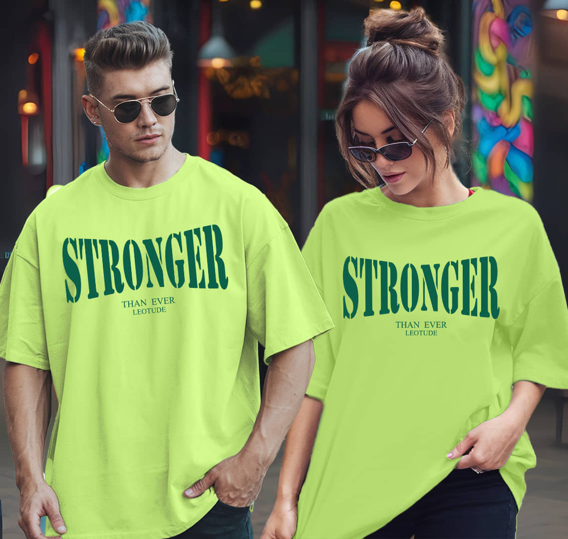 Leotude Lime Green Blended Oversized Fit Couple T-Shirt