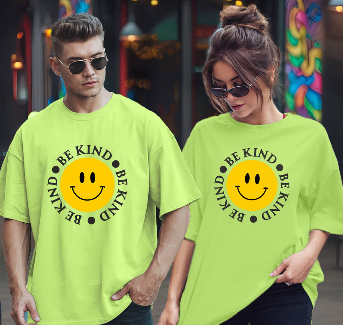 Leotude Lime Green Blended Oversized Fit Couple T-Shirt