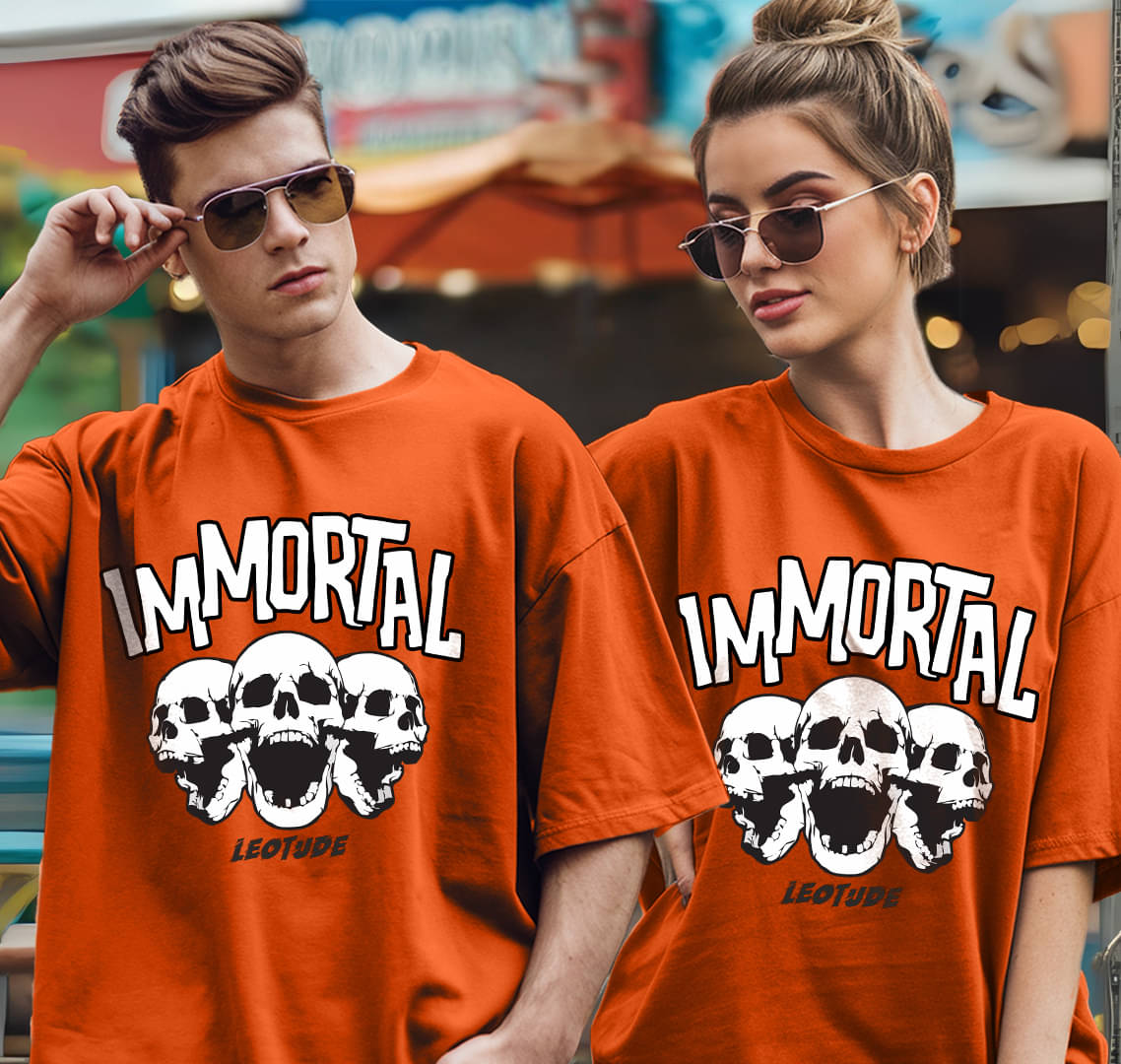     			Leotude Orange Blended Oversized Fit Couple T-Shirt