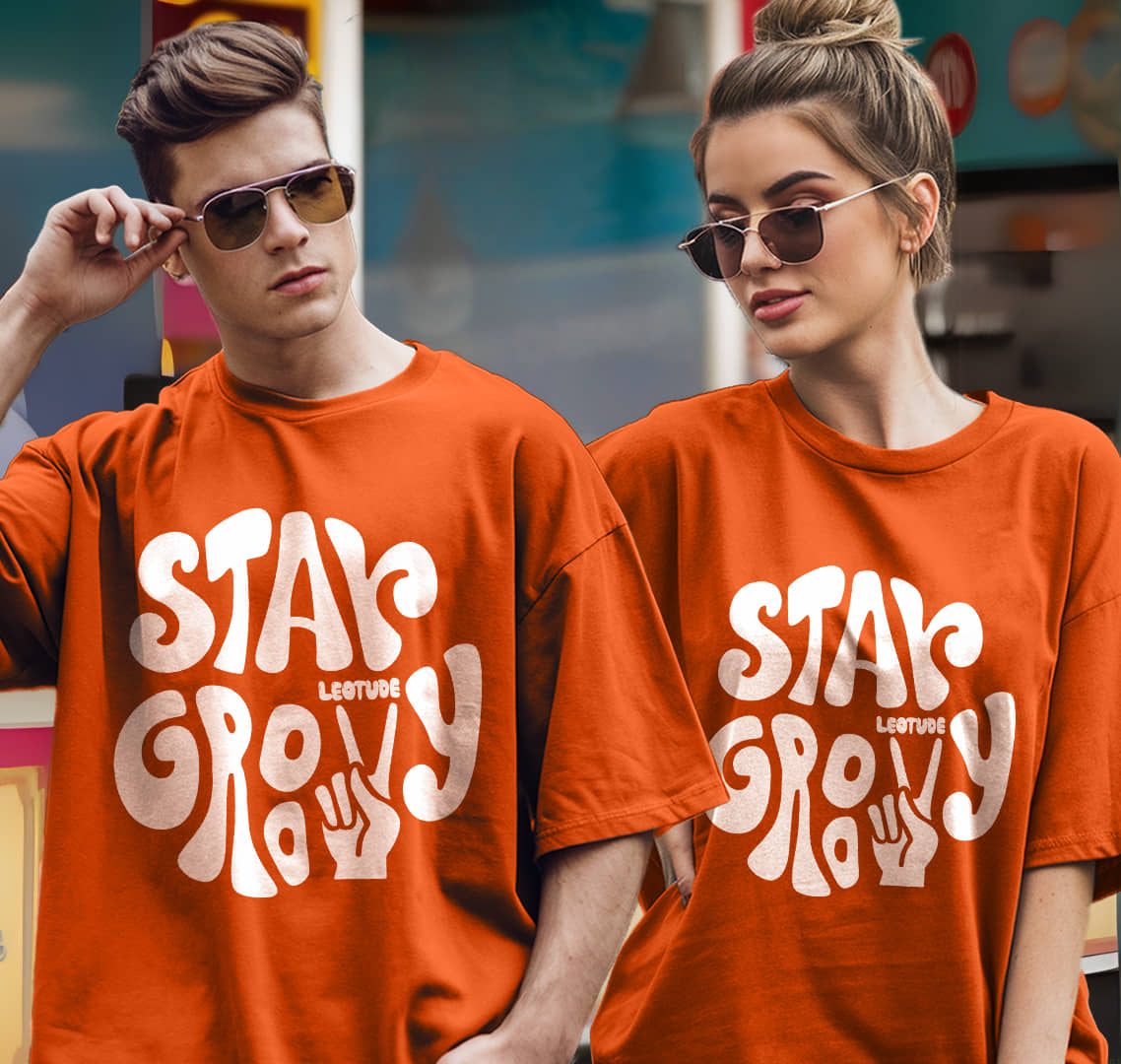 Leotude Orange Blended Oversized Fit Couple T-Shirt