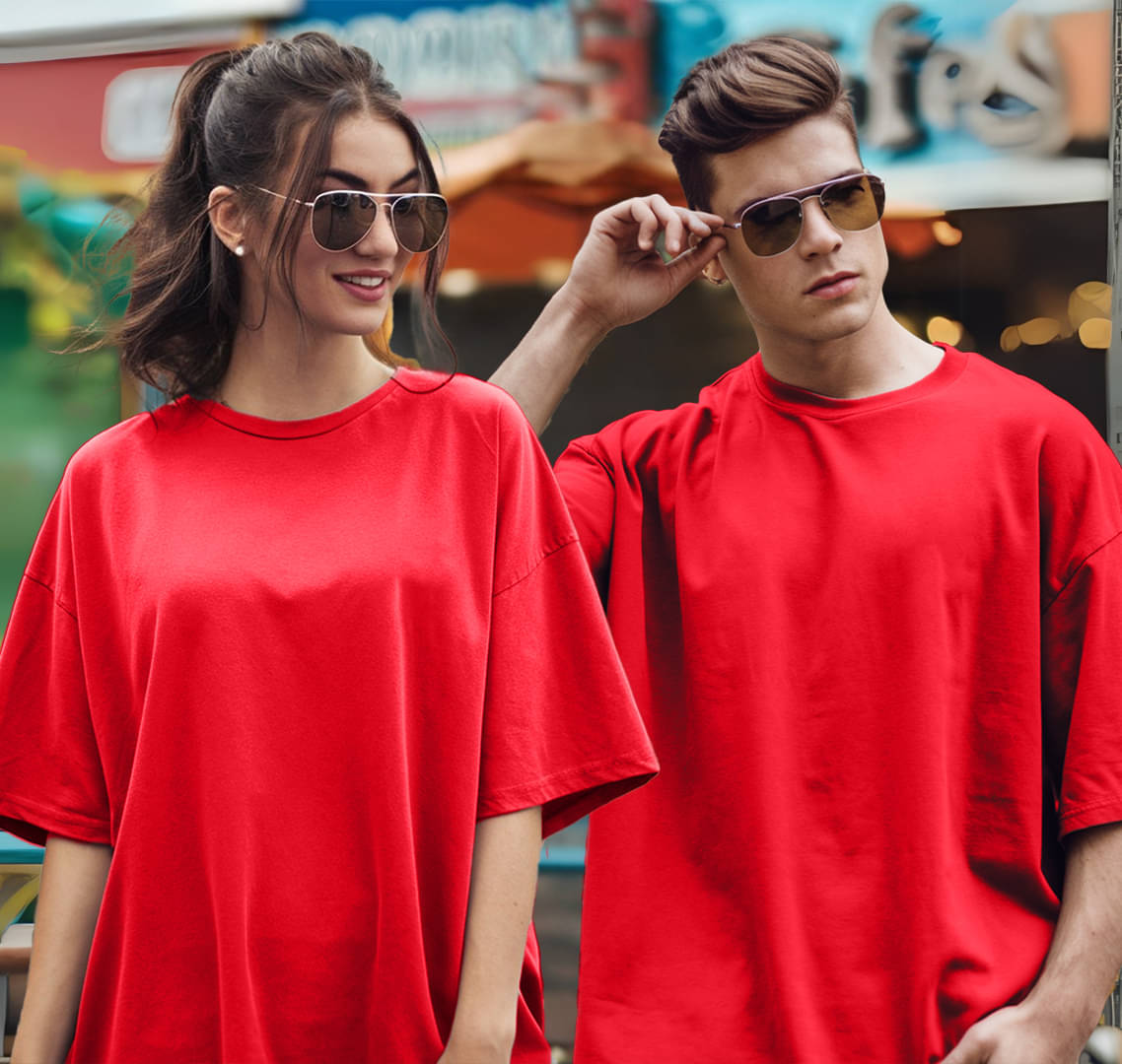     			Leotude Red Blended Oversized Fit Couple T-Shirt
