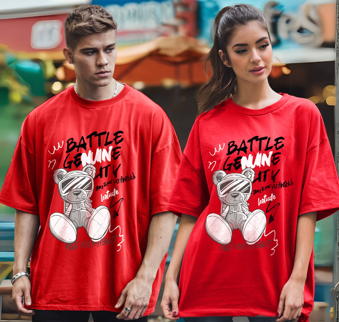 Leotude Red Blended Oversized Fit Couple T-Shirt Leotude Red Blended Oversized Fit Couple T-Shirt