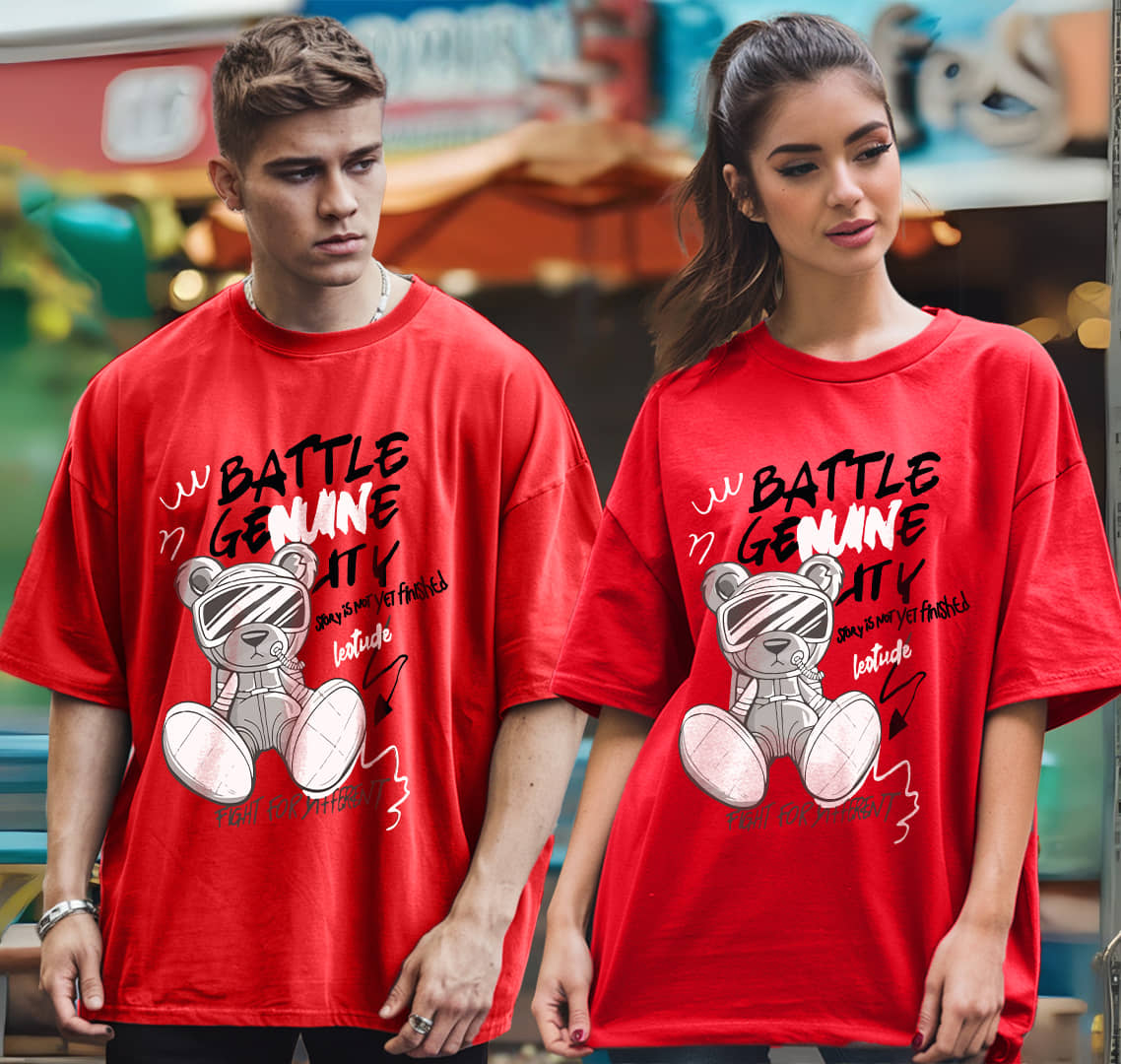 Leotude Red Blended Oversized Fit Couple T-Shirt