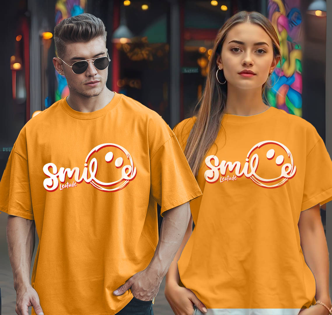     			Leotude Yellow Blended Oversized Fit Couple T-Shirt