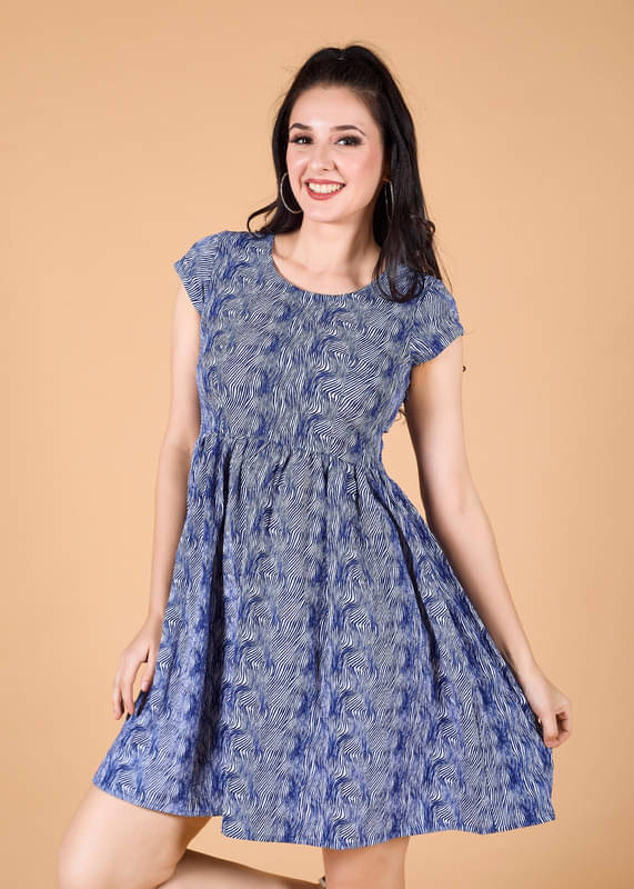    			Mantra Fashion Women's Blue Printed Knee Length Fit & Flare Dress ( Pack of 1 )