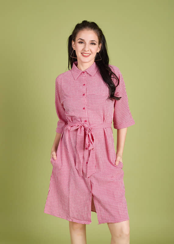 Mantra Fashion Women's Pink and White micro Stripes Belted Shirt Dress ( Pack of 1 )