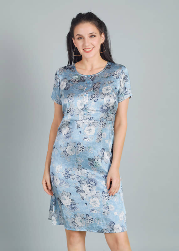 Mantra Fashion Women's Blue Floral Satin Knee Length A-line Dress ( Pack of 1 )