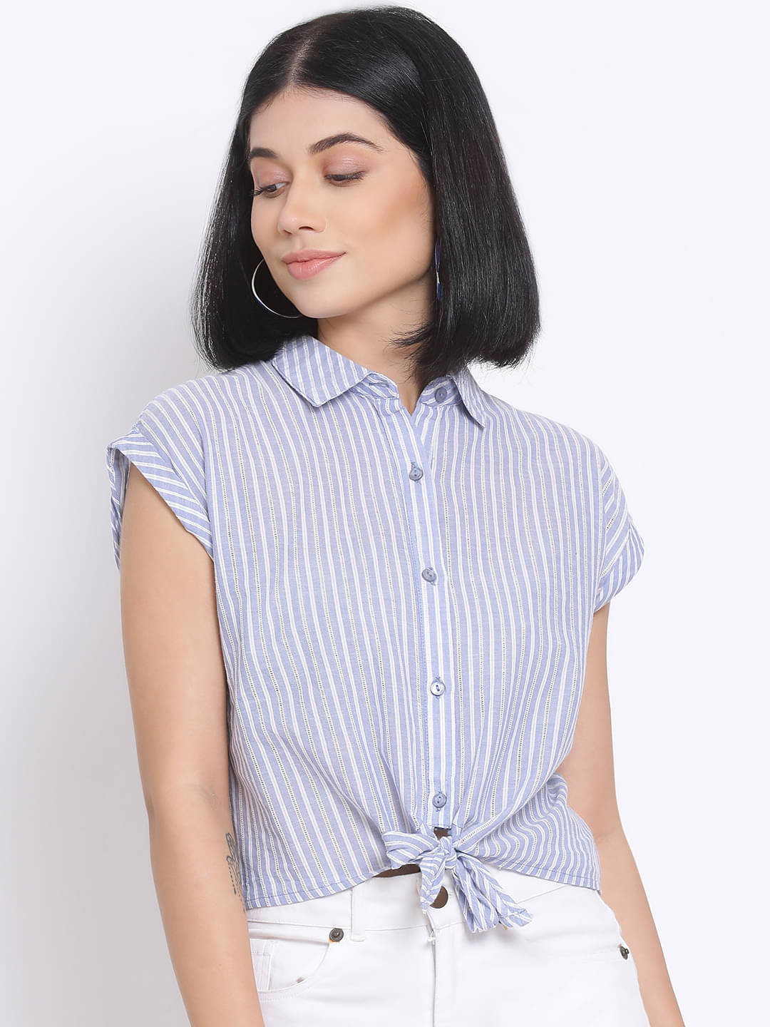 Oxolloxo Women Striped Cotton Shirt ( Blue ) Oxolloxo Women Striped Cotton Shirt ( Blue )
