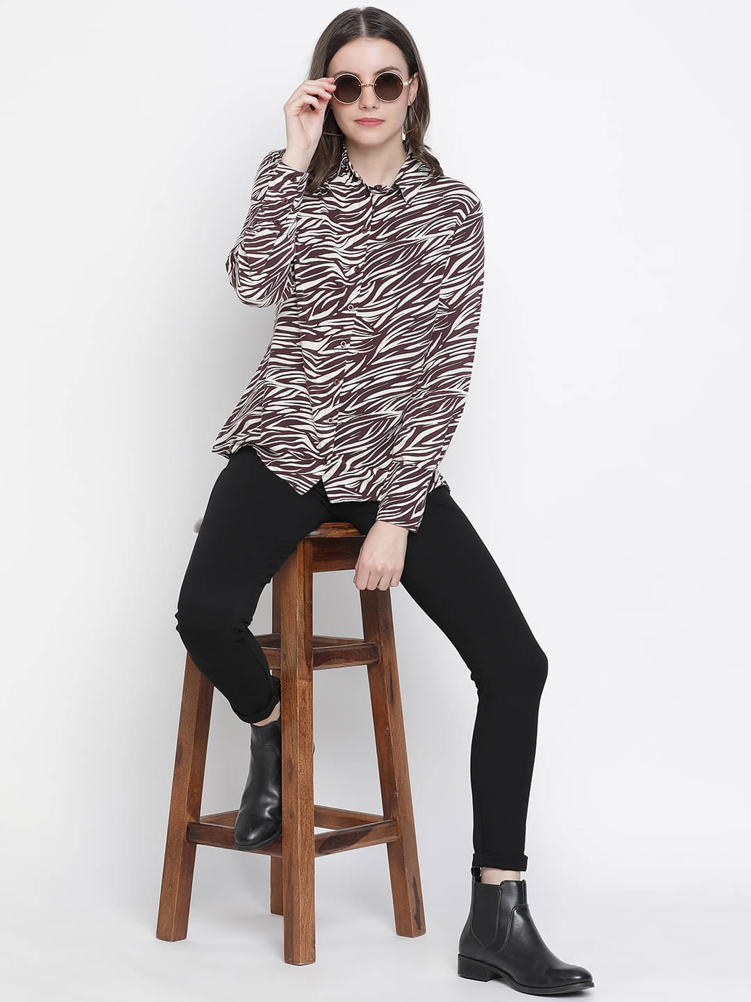 Oxolloxo Women Printed Viscose Shirt ( Brown ) Oxolloxo Women Printed Viscose Shirt ( Brown )