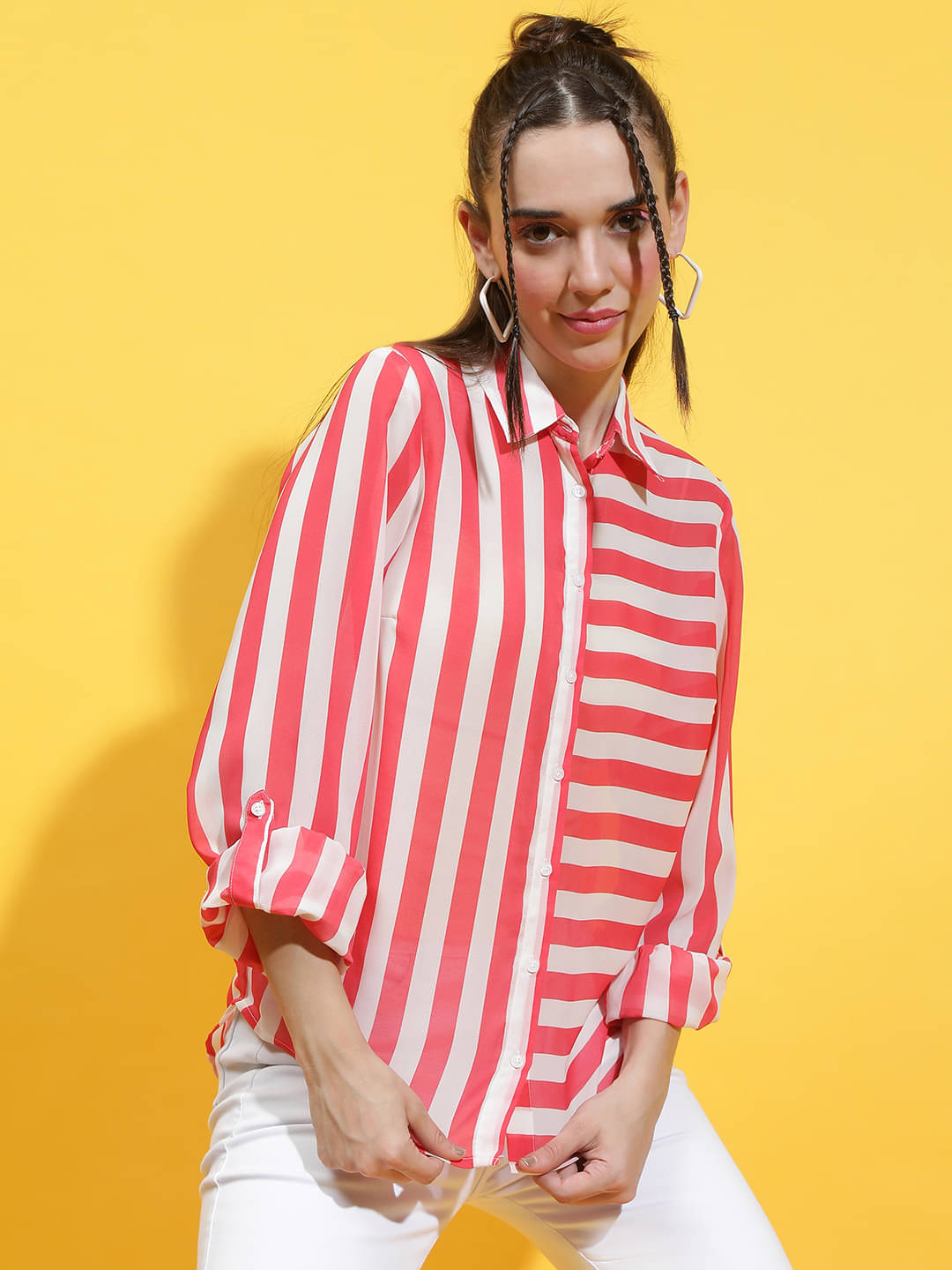Oxolloxo Women Striped Polyester Shirt ( Pink ) Oxolloxo Women Striped Polyester Shirt ( Pink )