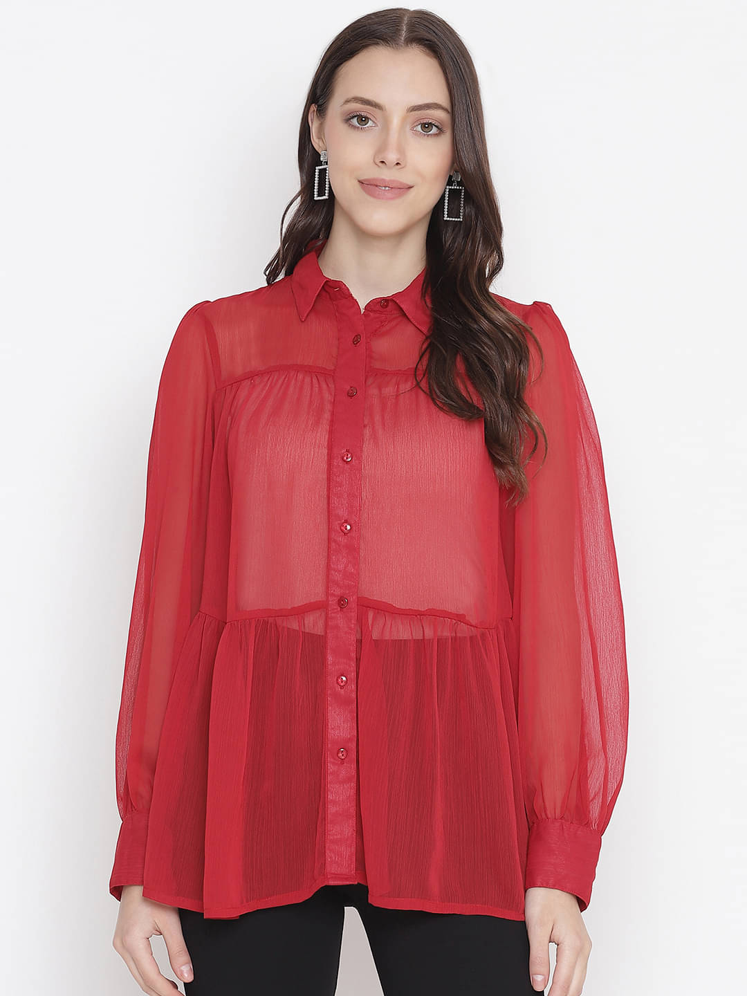 Oxolloxo Women Solid Polyester Shirt ( Red )     			Oxolloxo Women Solid Polyester Shirt ( Red )