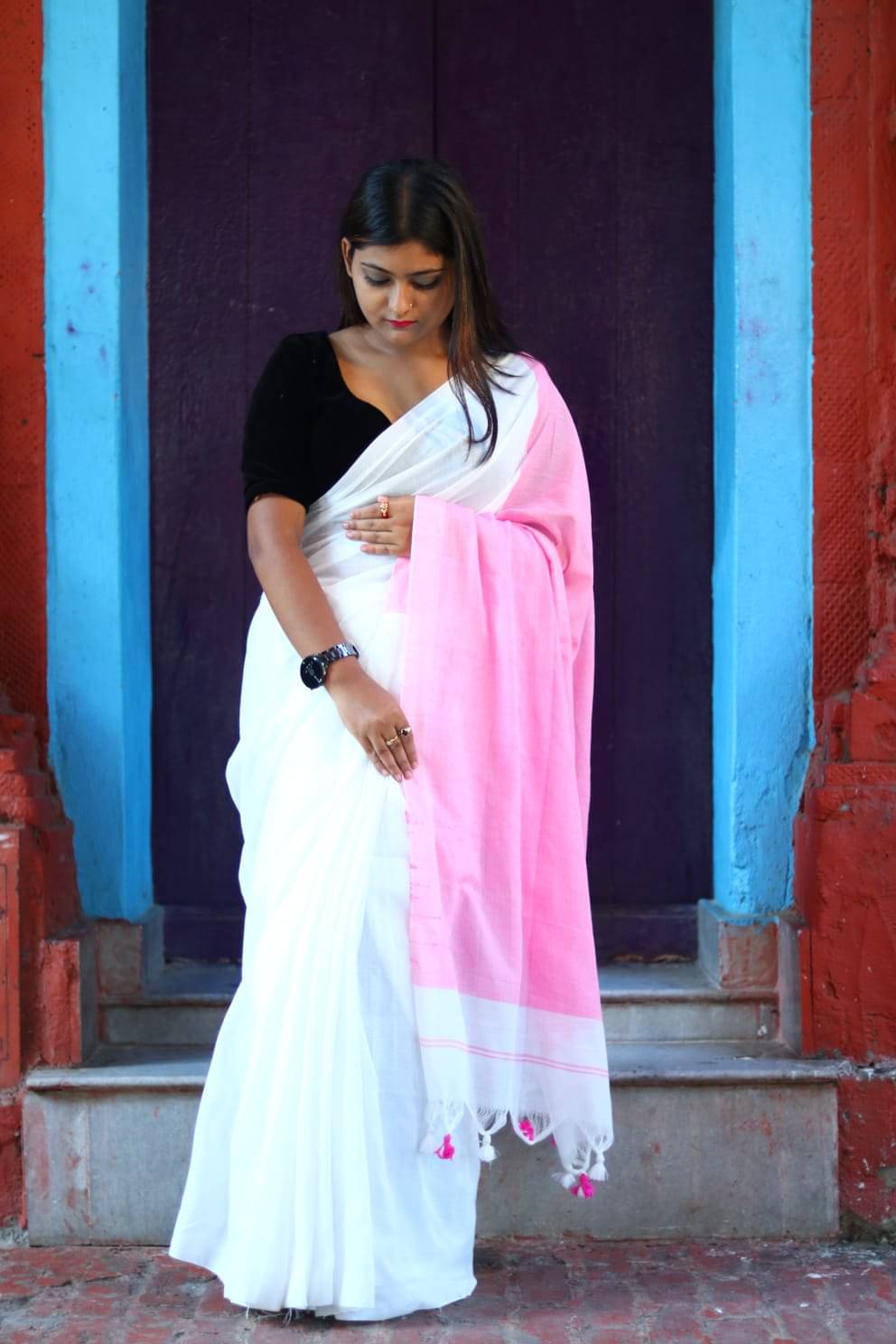 SARADA HANDLOOM Cotton Colorblock Saree With Unstitched Blouse Piece ( White ) SARADA HANDLOOM Cotton Colorblock Saree With Unstitched Blouse Piece ( White )