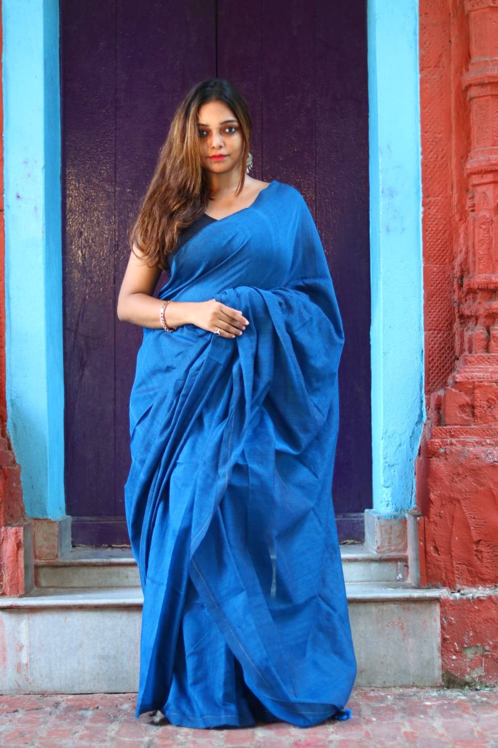     			SARADA HANDLOOM Cotton Solid Saree With Unstitched Blouse Piece ( Blue )