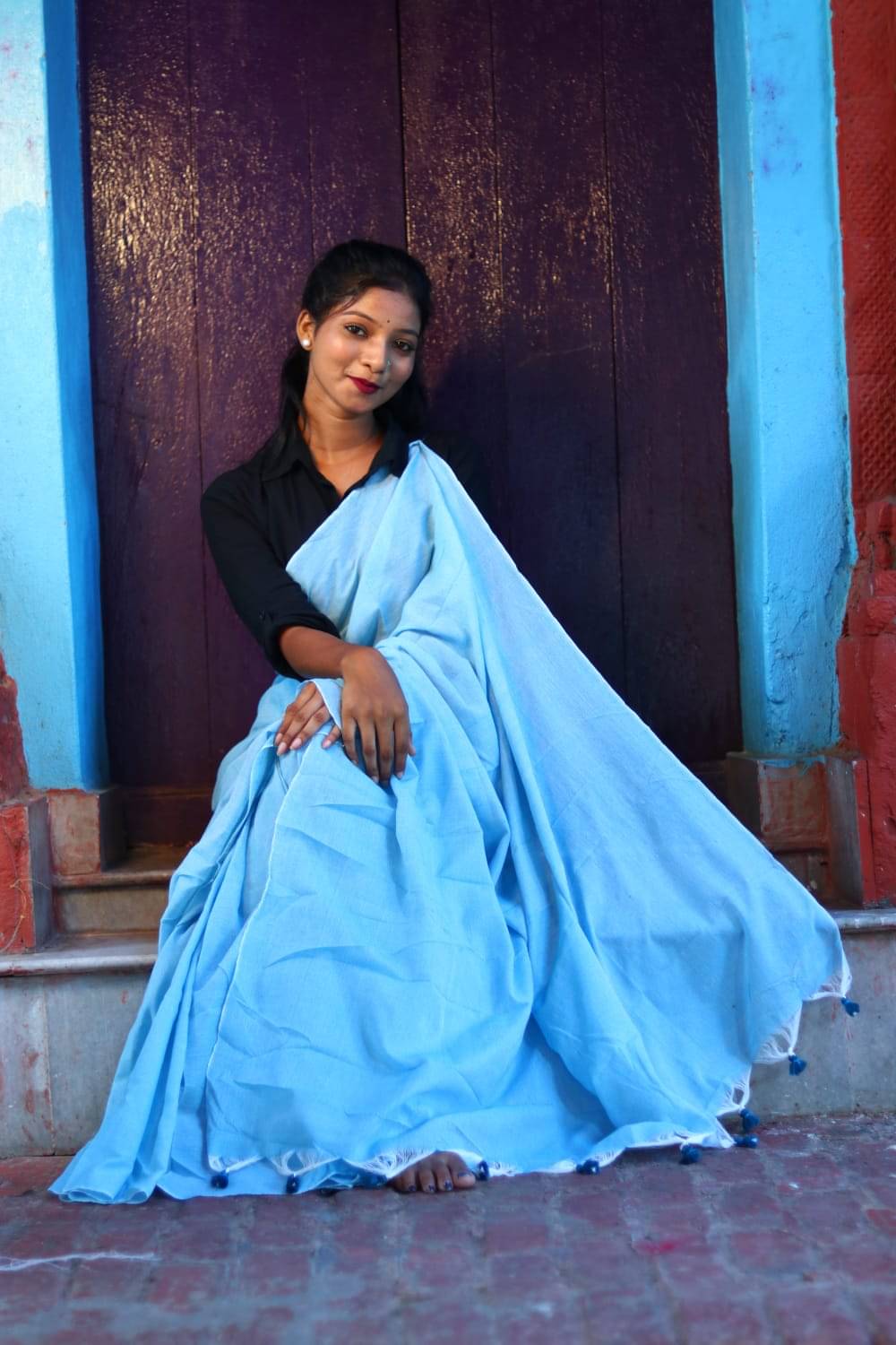     			SARADA HANDLOOM Cotton Solid Saree With Unstitched Blouse Piece ( Light Blue )