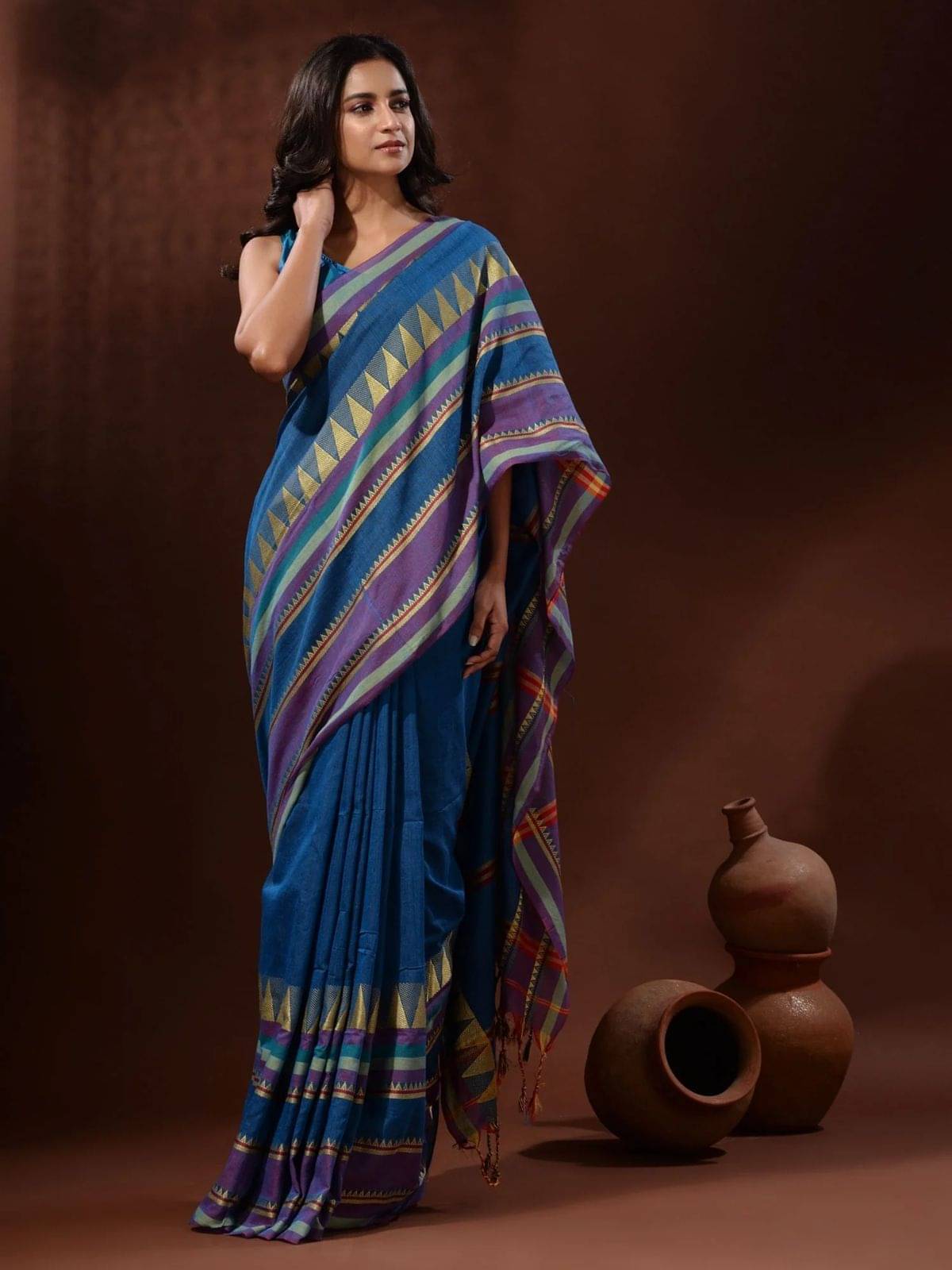 SARADA HANDLOOM Cotton Striped Saree With Unstitched Blouse Piece ( Blue ) SARADA HANDLOOM Cotton Striped Saree With Unstitched Blouse Piece ( Blue )