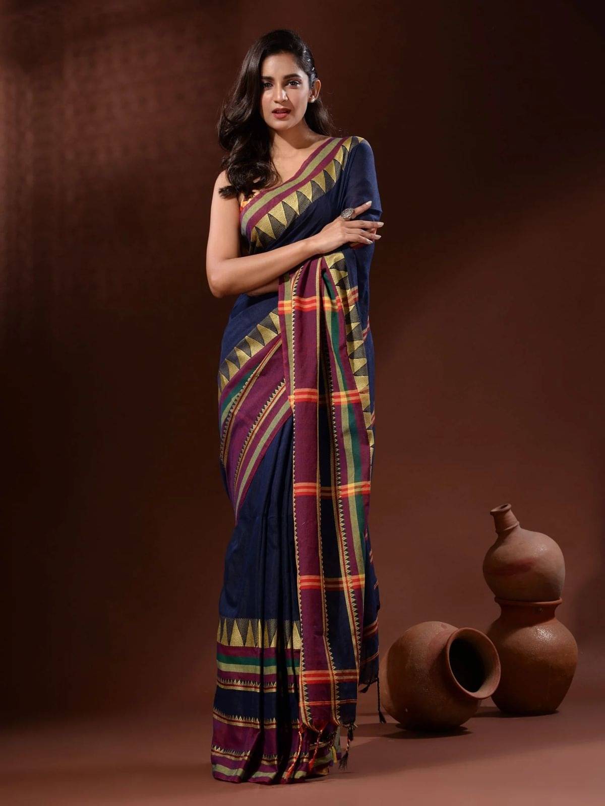     			SARADA HANDLOOM Cotton Striped Saree With Unstitched Blouse Piece ( Blue )