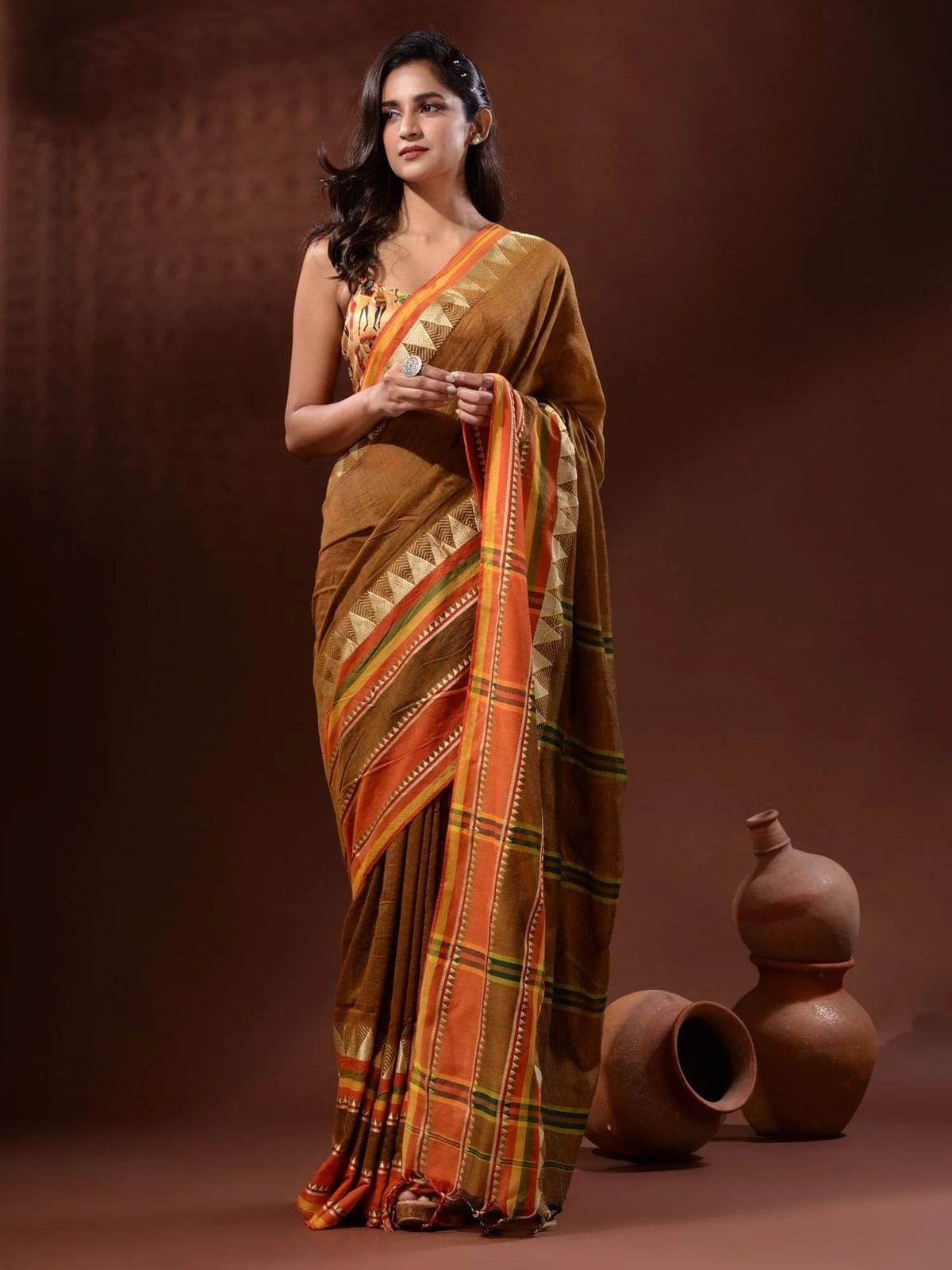     			SARADA HANDLOOM Cotton Striped Saree With Unstitched Blouse Piece ( Brown )