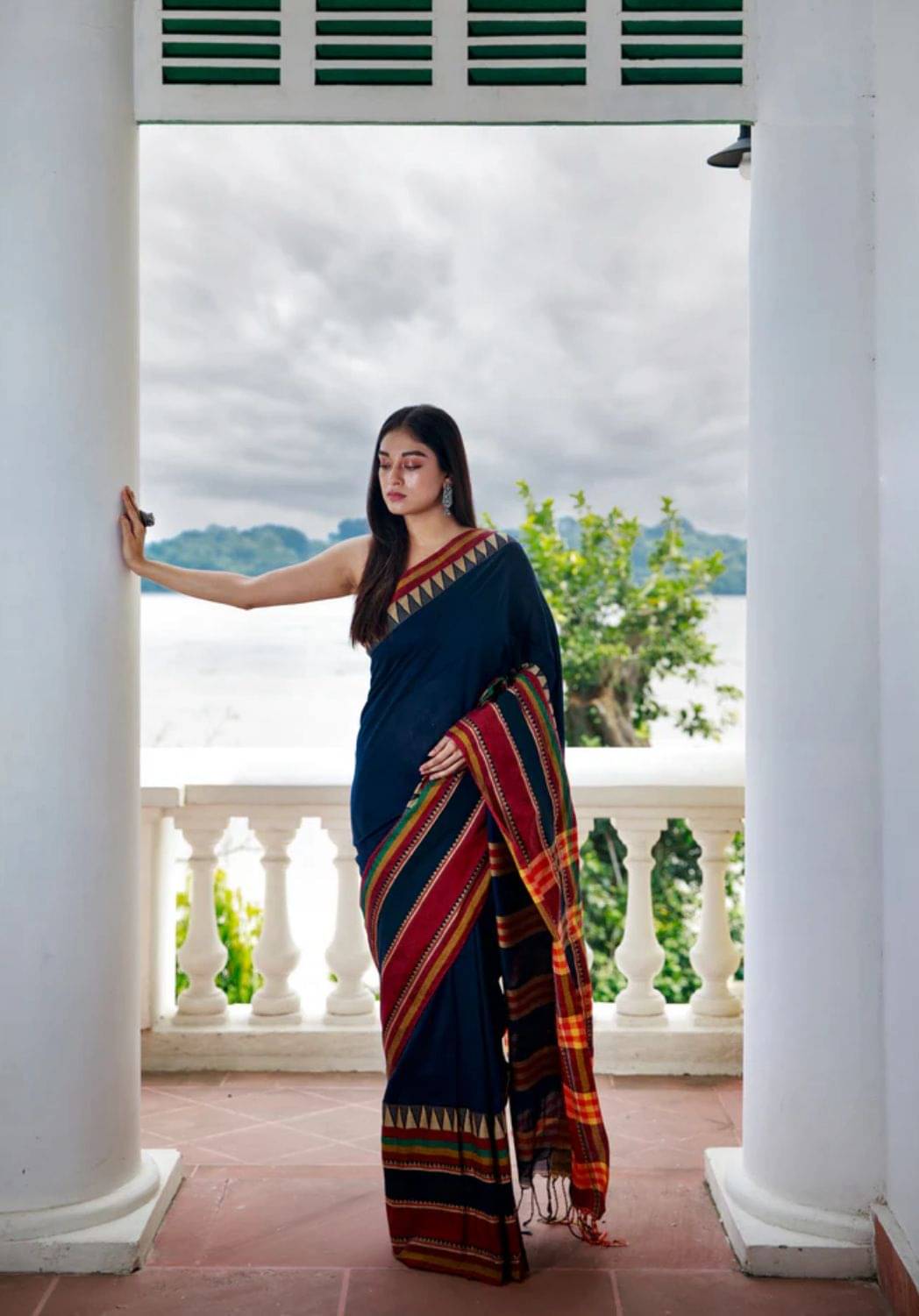     			SARADA HANDLOOM Cotton Striped Saree With Unstitched Blouse Piece ( Blue )