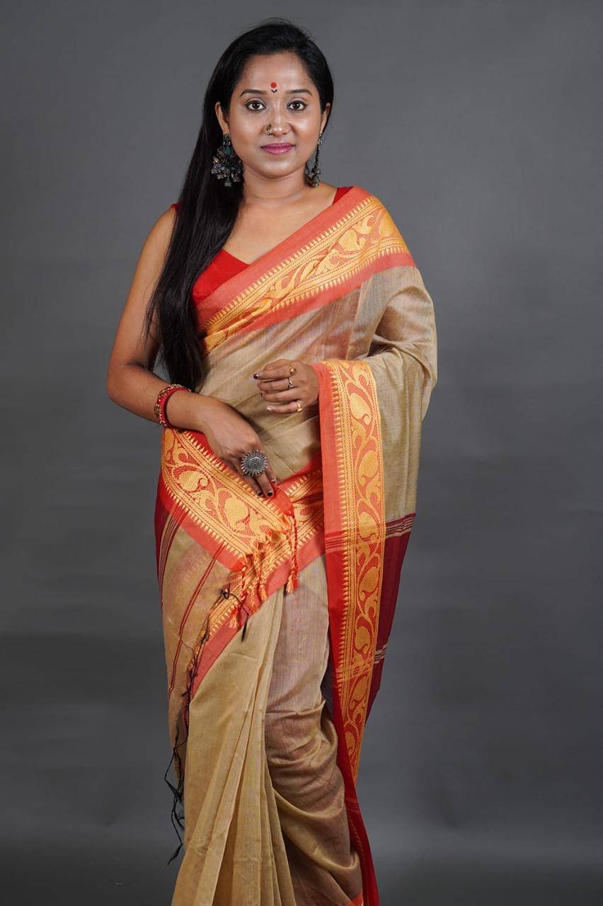     			SARADA HANDLOOM Cotton Woven Saree With Unstitched Blouse Piece ( Brown )